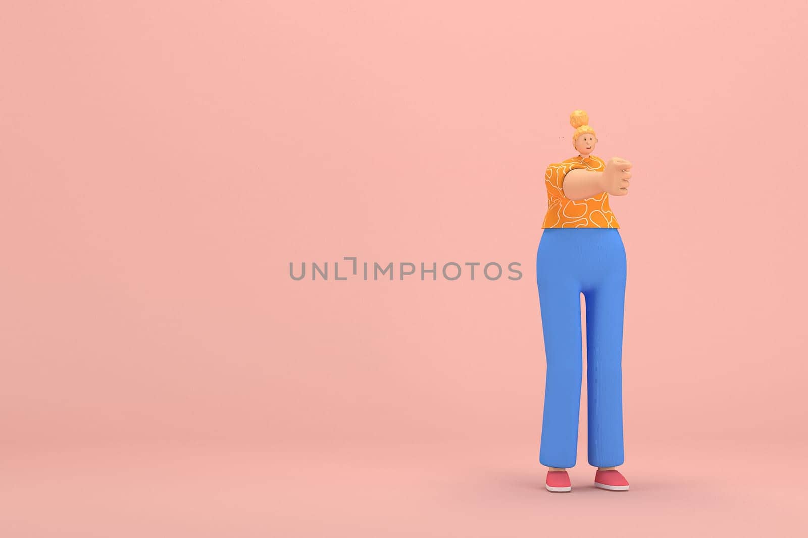 The woman with golden hair tied in a bun wearing blue corduroy pants and Orange T-shirt with white stripes.  She is expression  of hand when talking. 3d rendering of cartoon character in acting.