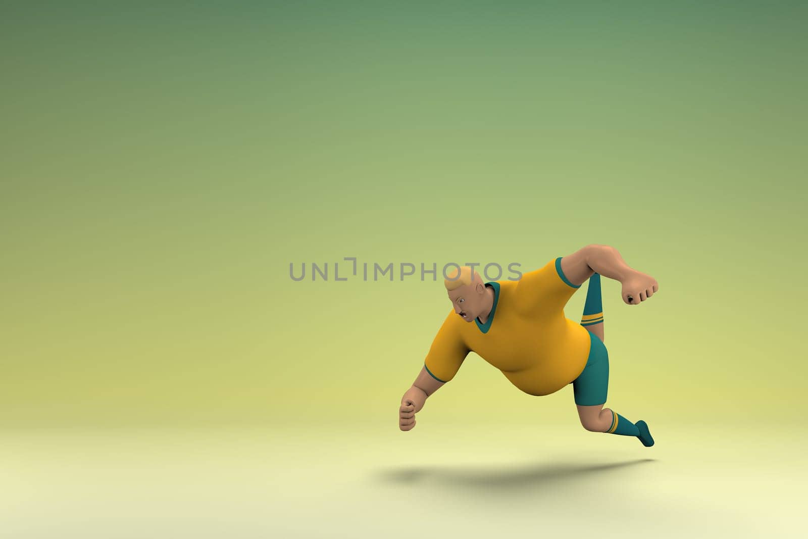 An athlete wearing a yellow shirt and green pants. He is falling down. 3d rendering of cartoon character in acting.
