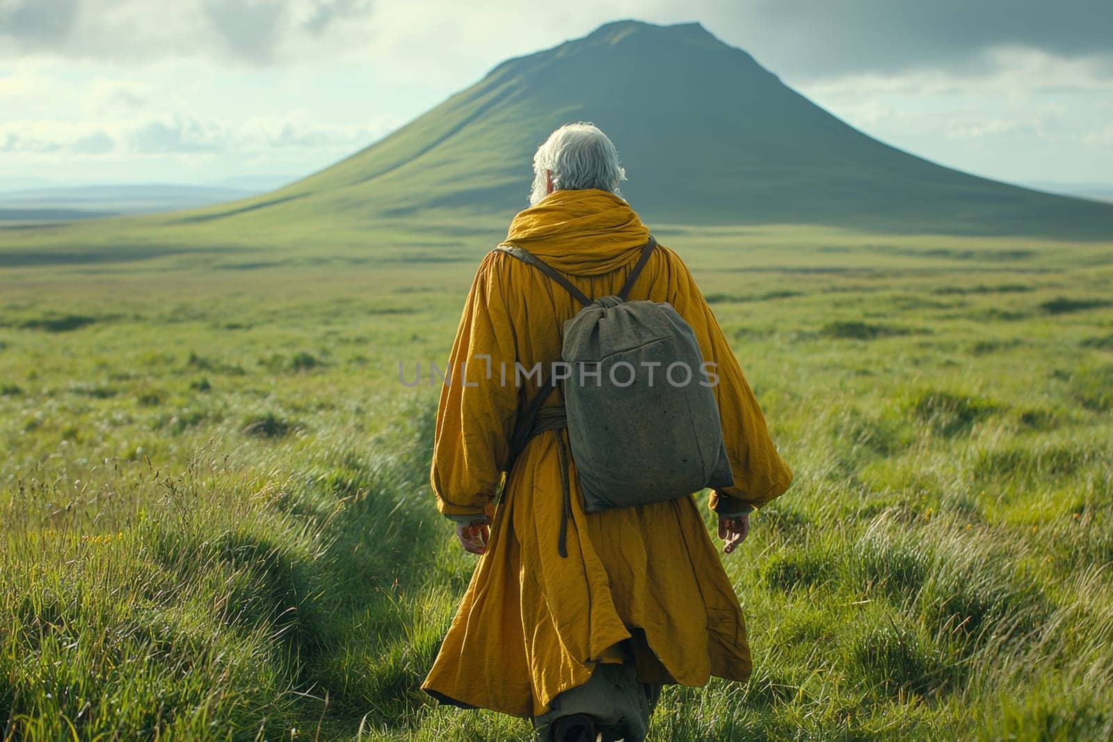 A lone traveler in a bright yellow cloak makes their way across a vast meadow, heading towards a majestic mountain under a moody sky.