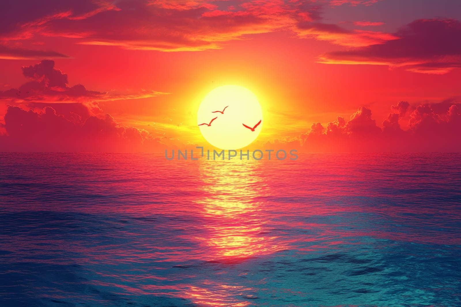 Golden rays illuminate the horizon as colorful clouds reflect on calm waters, with birds gliding gracefully across the evening sky.