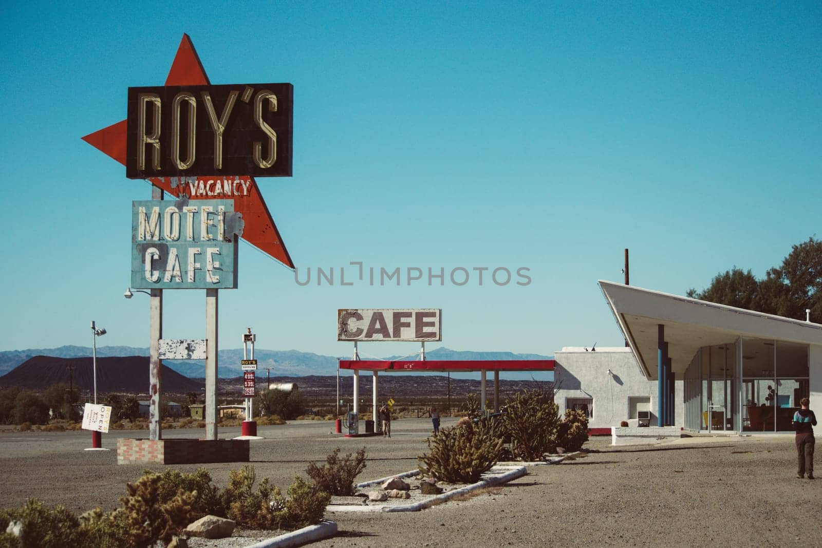 Amboy, California, November 2013: Famous Roy's café and gas station alongside classic Route 66