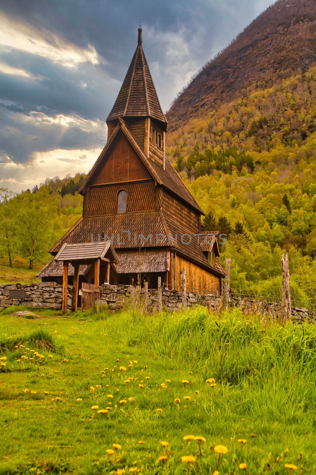 View on Urnes wooden stave church architecture. Unesco heritage.