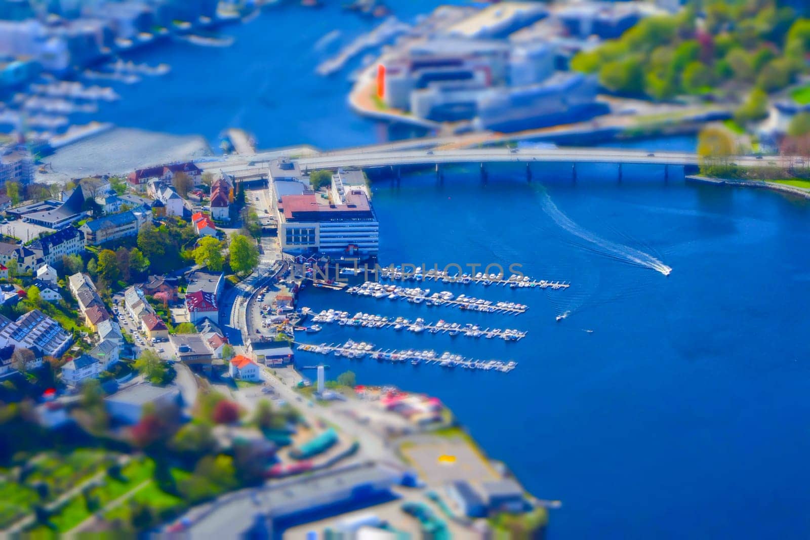 High angle and tilt-shift view on the yacht marina in Bergen, Norway