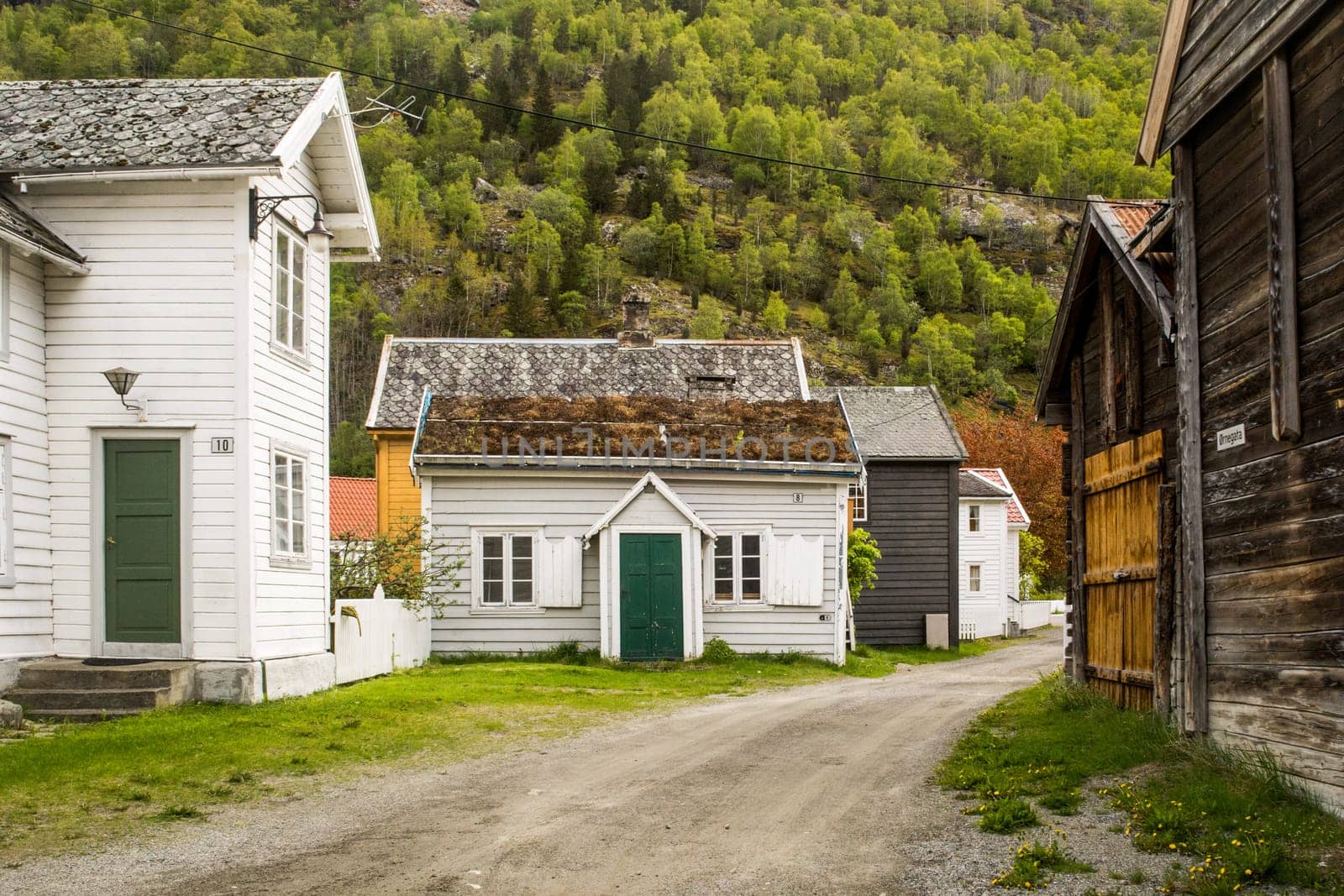 Laerdal, Sogn og Fjordane, Norway, May 2015: street scene with typical and historical houses of Laerdal or Laerdalsoyri in Norway