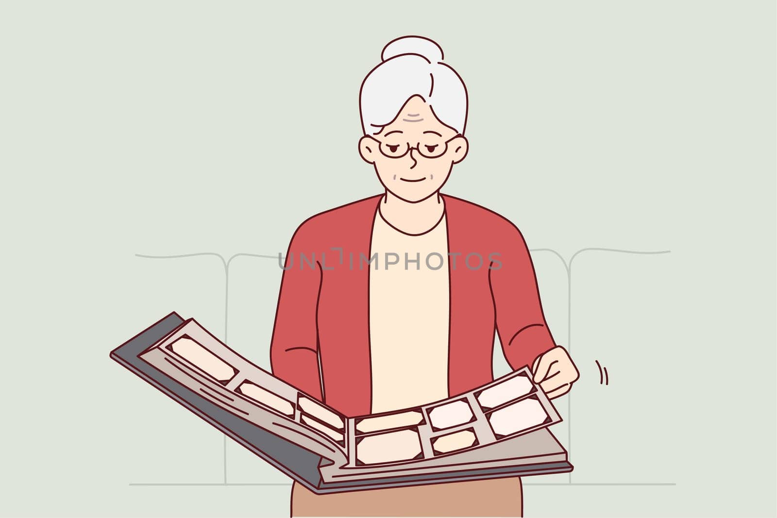 Elderly woman flips through family photo album, remembering student years or fun trips with friends. Grey-haired grandmother sitting alone on couch looking at photos from past. Flat vector design