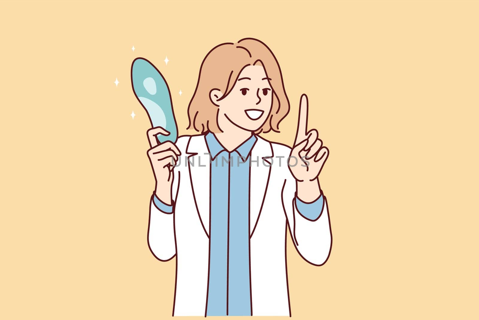 Female doctor in white coat holding blue object giving recommendation to patient on use of medical devices. Caring girl hospital employee shares life hacks for treating illness. Flat vector image