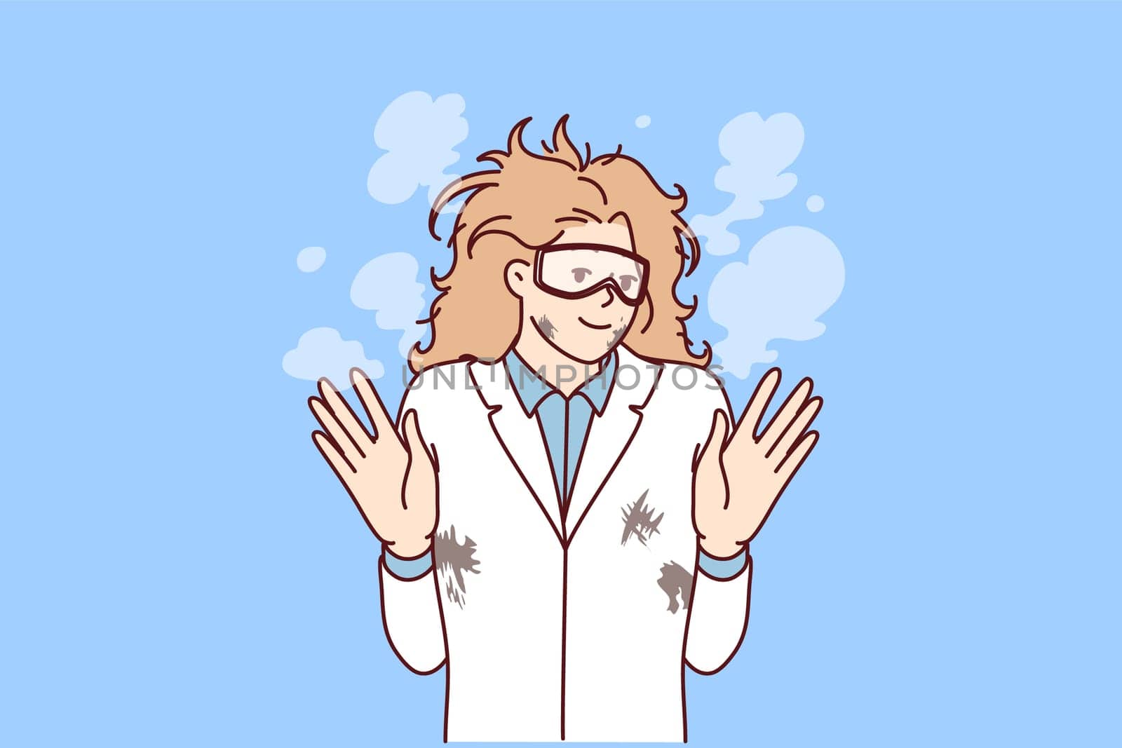 Woman mad scientist with tousled hair after failed experiment with chemical reagents. Research laboratory employee raises hands while standing in white coat with stains and smoke. Flat vector design