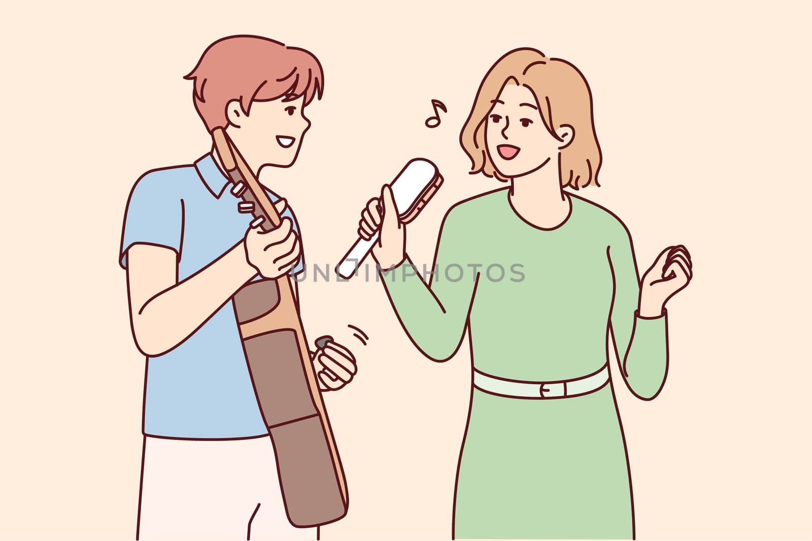 Musical group of man playing guitar and woman with rattle rehearsing new cool tune. Guy and girl enjoy joint performance of songs from new album performing at concert. Flat vector illustration
