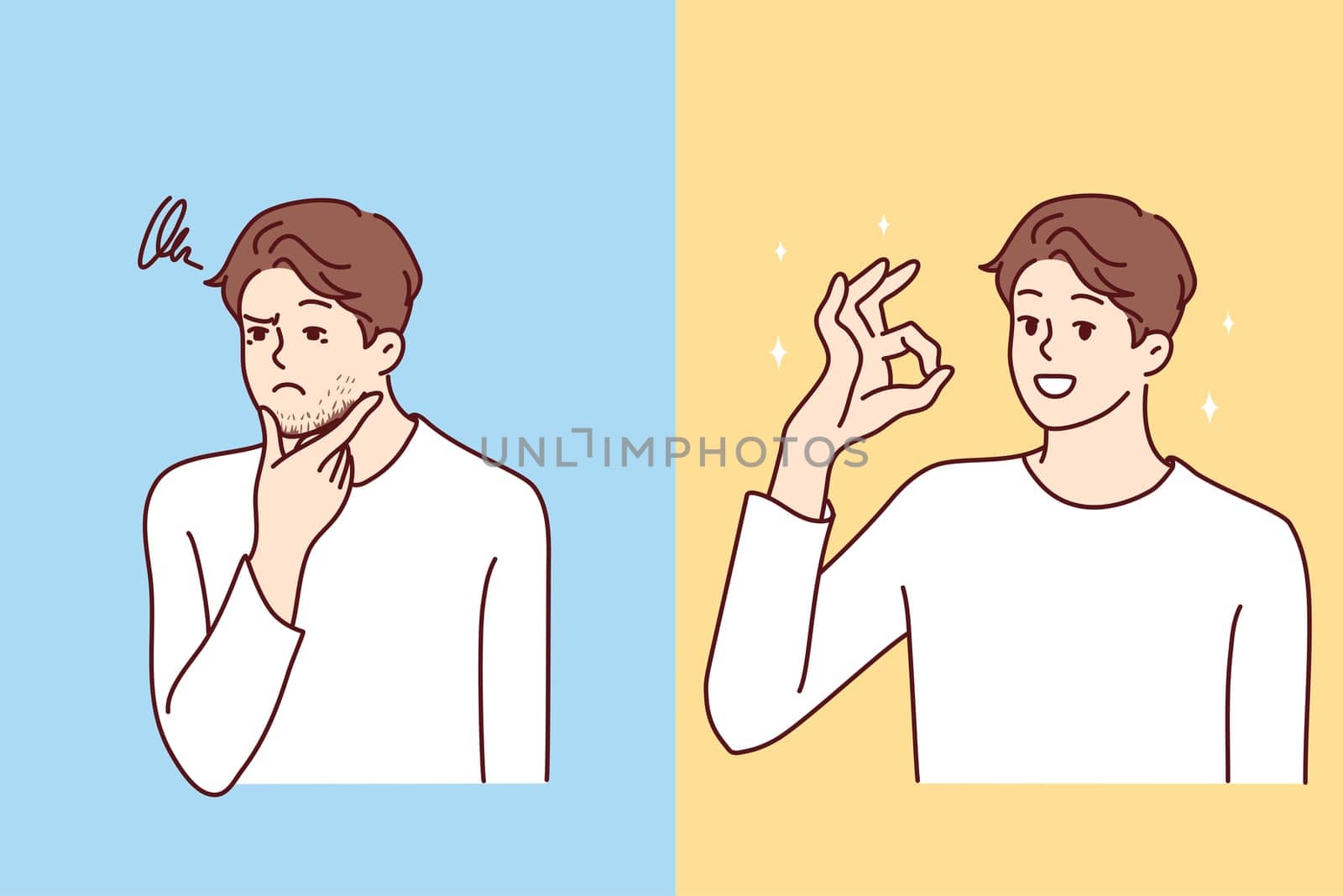 Entangled in threads of man puzzled touches chin then smiles and shows OK gesture. concept of positive thoughts during difficult situations and ability to cope with stress. Flat vector design