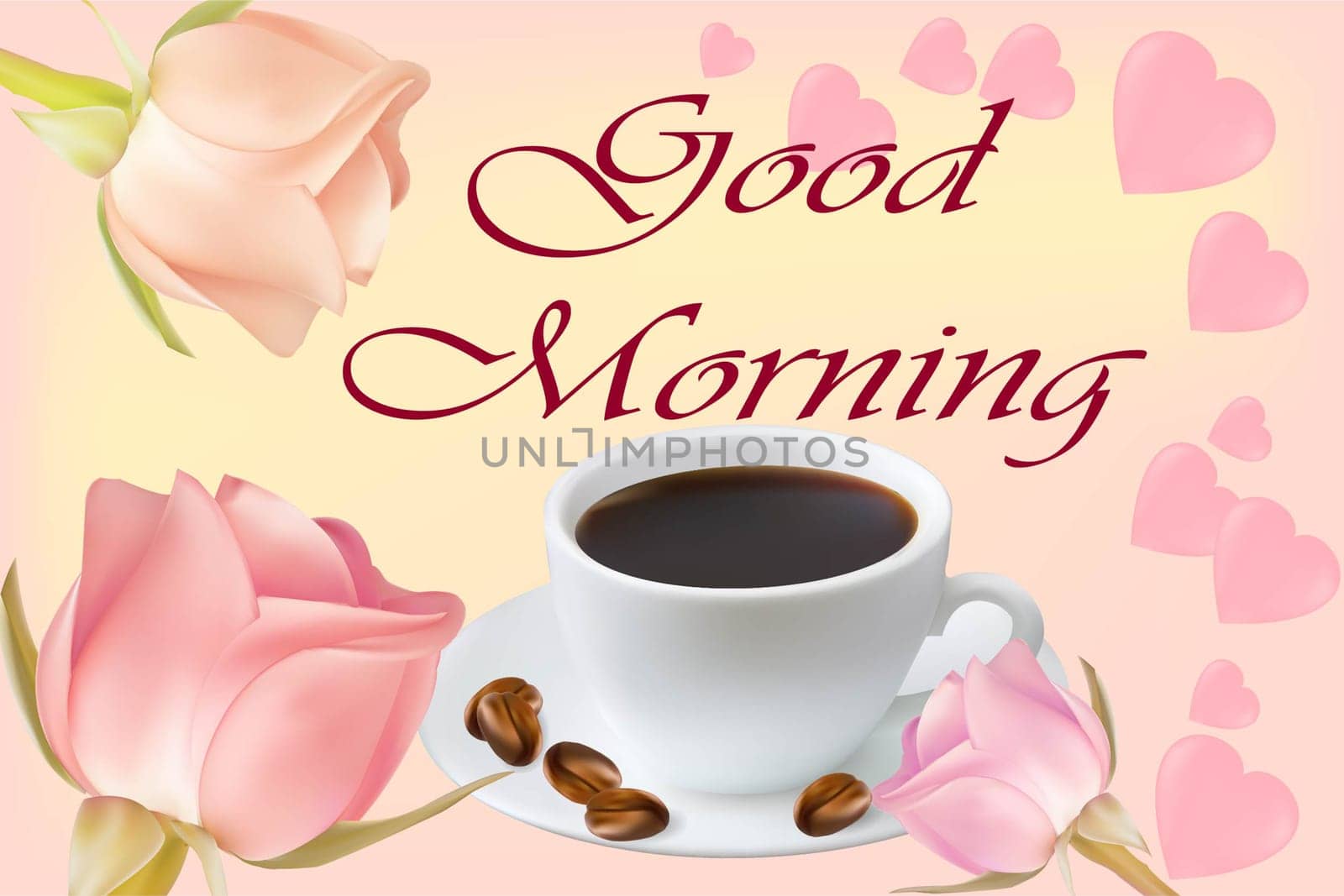 A cup of coffee with coffee beans on a background of roses and hearts. Greeting card with the inscription Good morning. Vector image.