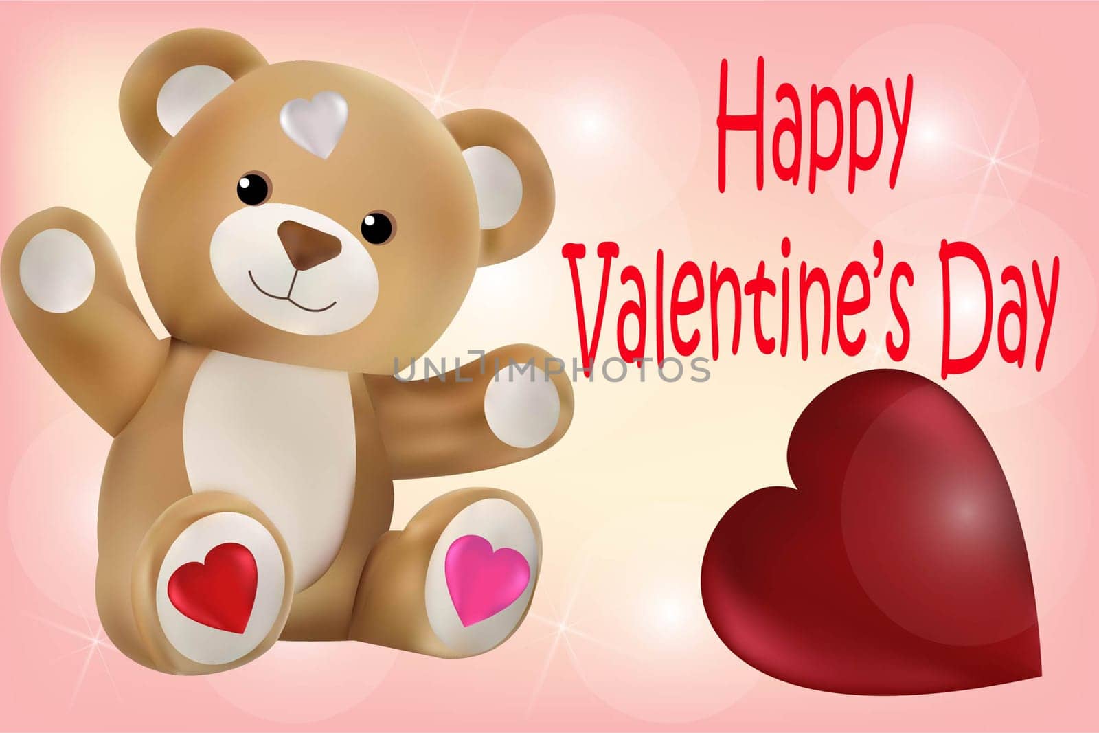 Teddy bear and a big heart on a pink background with the inscription Happy Valentine's Day. Vector image.