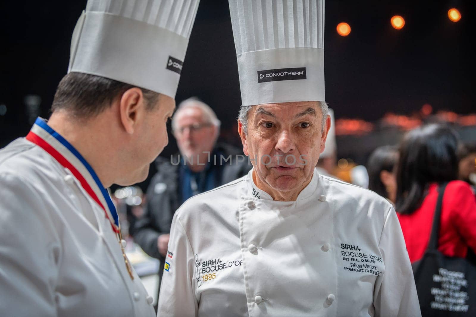 Lyon, Rhone Alpes Auvergne, France  january 22, 2023 : BOCUSE D'OR Lyon Eurexpo Sirha event 2023. The famous french chef Regis Marcon portrait. He is the jury member for the Bocuse d'or competition of the elite cookers in the world.