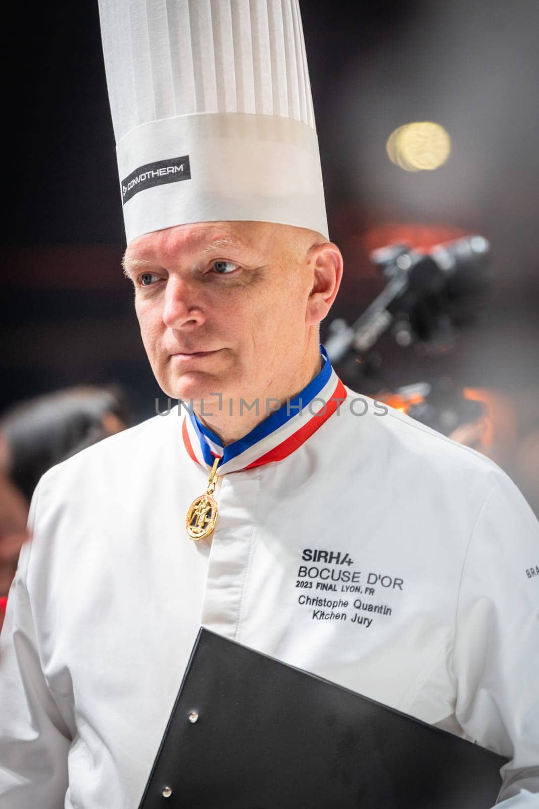 Lyon, Rhone Alpes Auvergne, France  january 22, 2023 : BOCUSE D'OR Lyon Eurexpo Sirha event 2023. The famous french chef Christophe Quentin portrait with sirha document. He is the jury member for the Bocuse d'or competition of the elite cookers in the world.