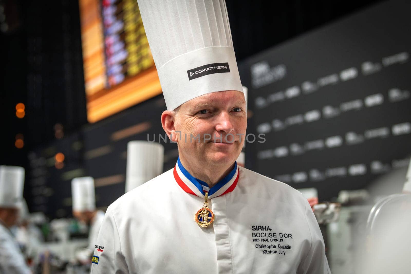 Lyon, Rhone Alpes Auvergne, France  january 22, 2023 : BOCUSE D'OR Lyon Eurexpo Sirha event 2023. The famous french chef Christophe Quentin portrait with sirha document. He is the jury member for the Bocuse d'or competition of the elite cookers in the world.