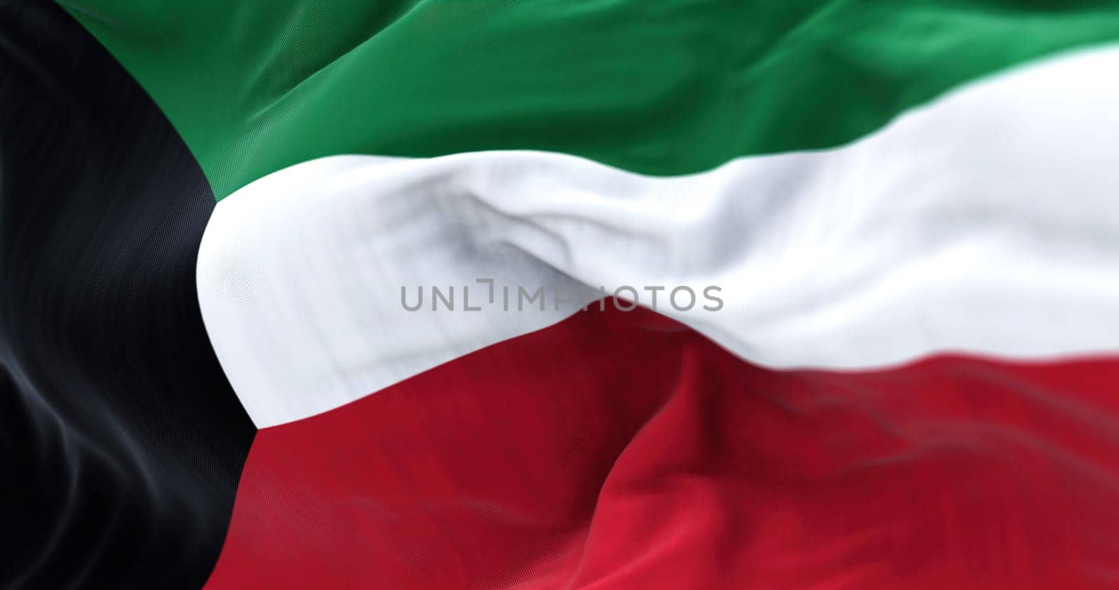 Close-up view of the Kuwait national flag waving in the wind. The State of Kuwait is a country in Western Asia. Rippled fabric. Textured background. Realistic 3d illustration. Close-up