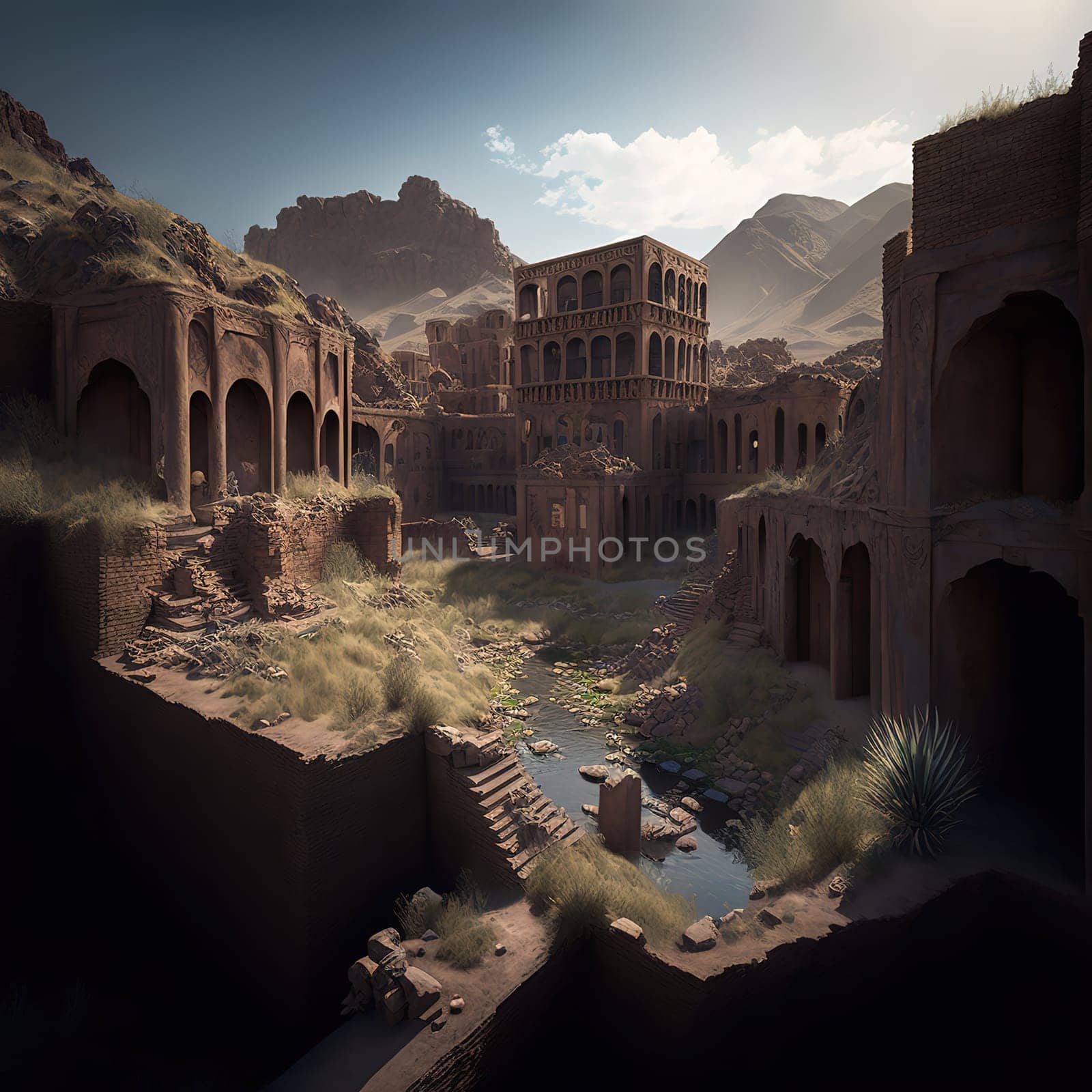 The image depicts the ancient city-fortress of Bamyan Babadjhan, a historical site dating back to the 6th century, located in Afghanistan. The image is generated with the use of an AI.