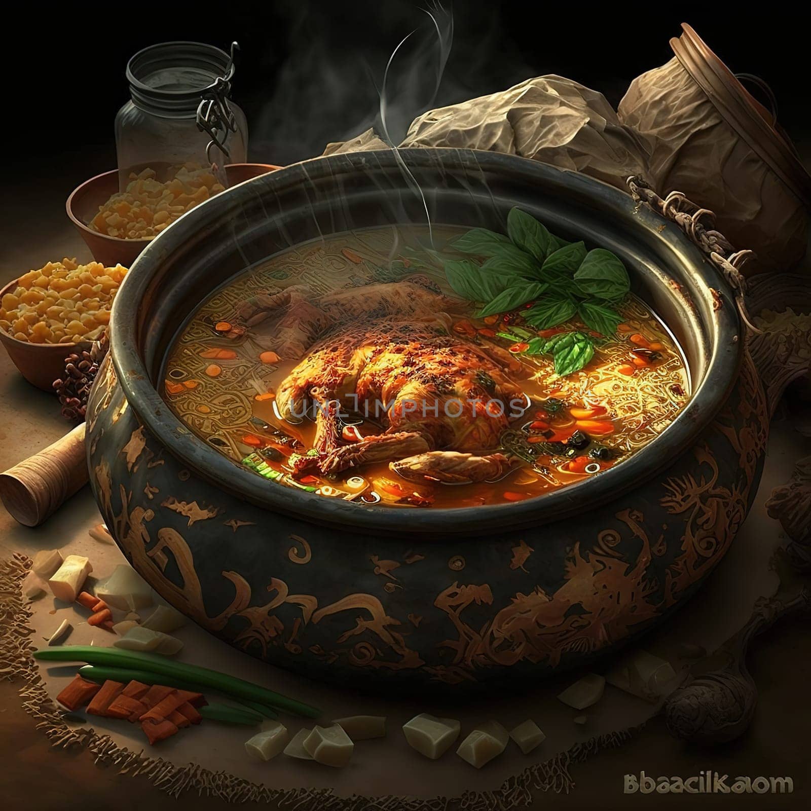 This painting captures the essence of Biriyani, a popular dish in Bangladesh, a savory blend of chicken or bacon, vegetables, and spices cooked together in a flavorful broth. The image is generated with the use of an AI.