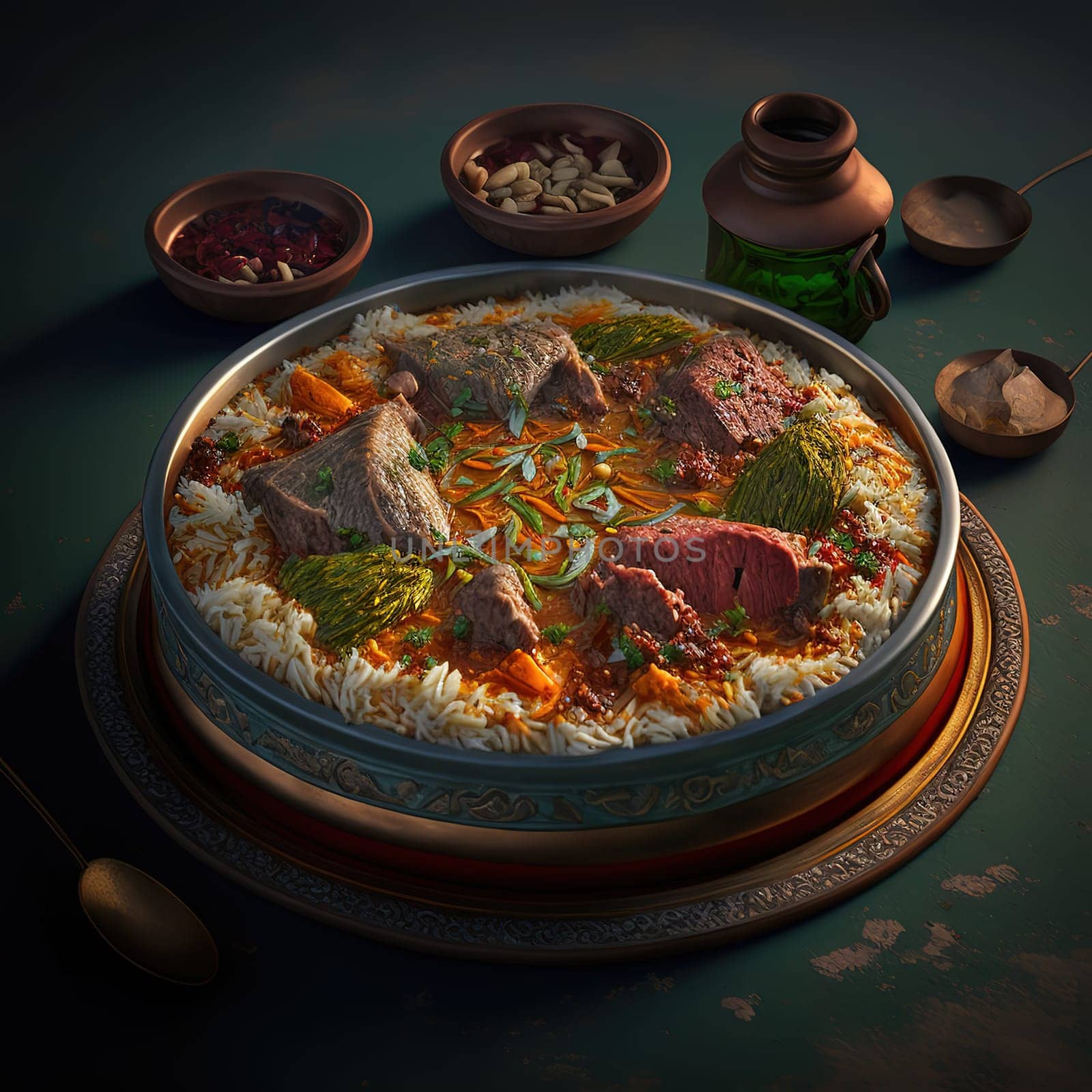 A colorful representation of Afghanistan most popular dish, Kabuli Plov. The image captures the rich blend of meat, rice and green beans, infused with spices and sauce. The image is generated with the use of an AI.