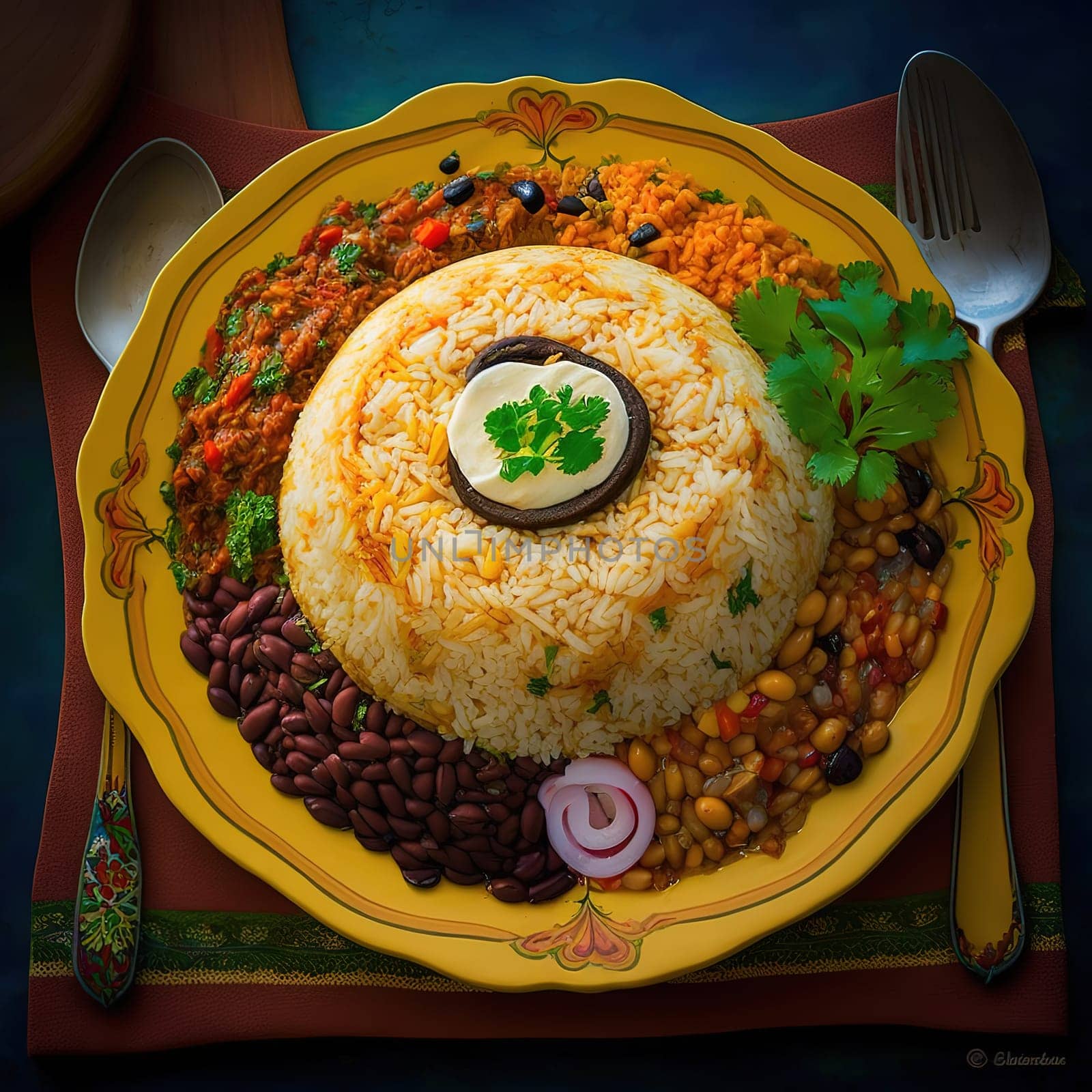 The painting captures the traditional and popular dish of Belize, rice and beans. The warm colors and textures of the food are highlighted in the painting. The image is generated with the use of an AI