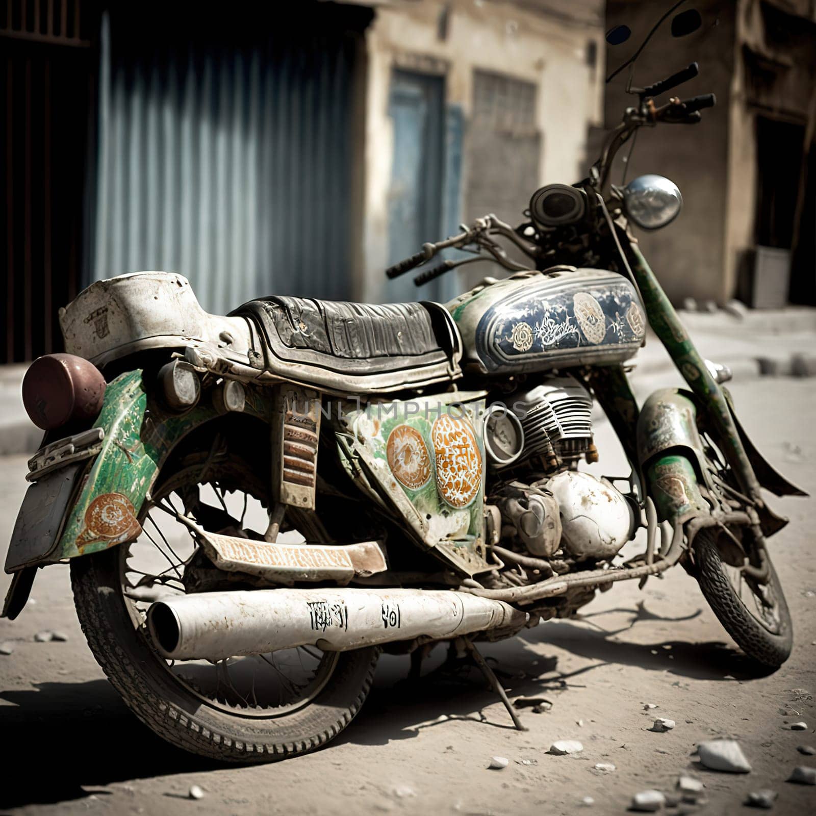 A rugged landscape of Afghanistan, with a lone Bulan motorcycle navigating through the rough terrain. The image captures the spirit of adventure and freedom of the Afghan people. The image is generated with the use of an AI.