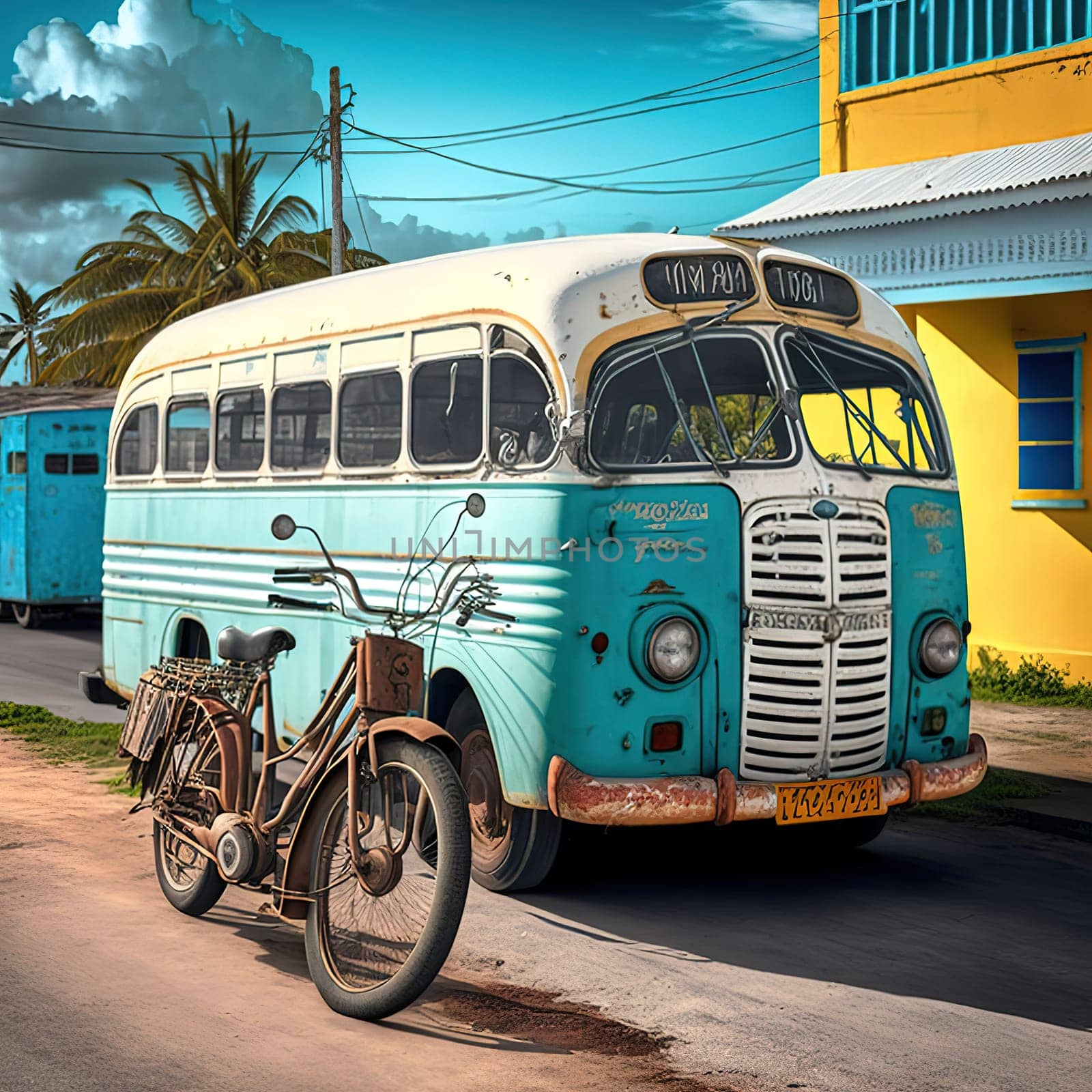 This painting captures the essence of the most common mode of transportation in Barbados, buses and motorcycles. The image captures the bustling streets and the vibrant energy of the island's transportation system. The image is generated with the use of an AI.