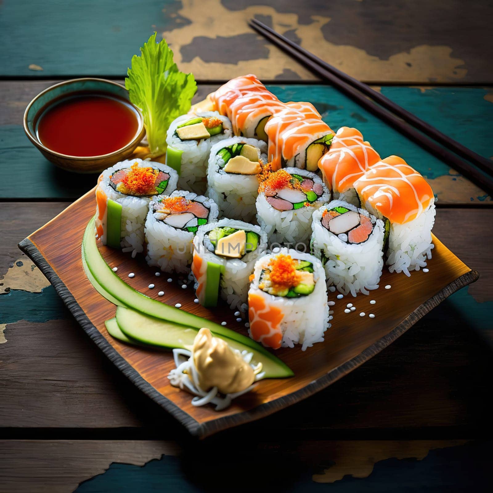 This painting depicts a vibrant array of sushi rolls, the most popular dish on the Bahamian islands, made from an array of fresh seafood. The image is generated with the use of an AI.