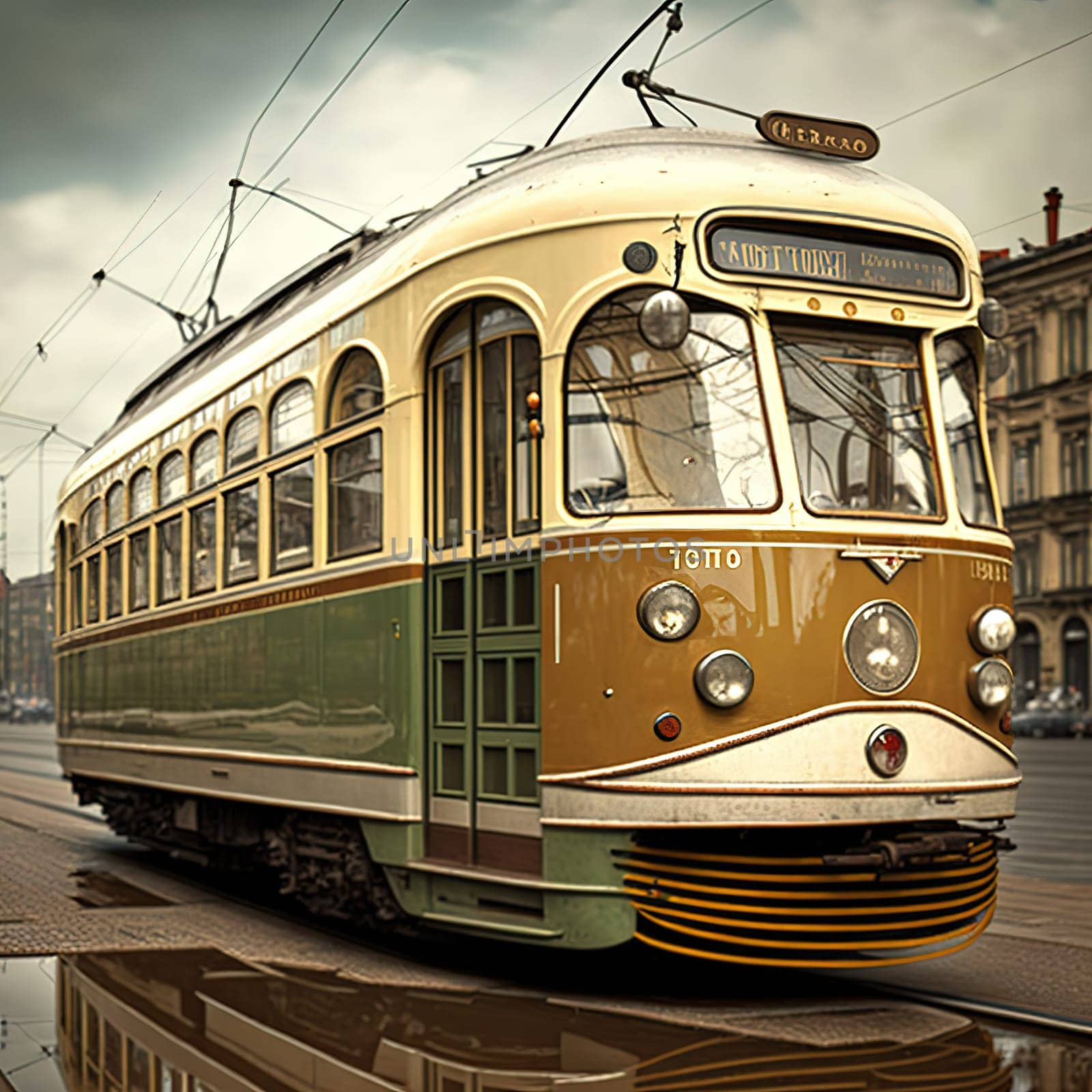 The painting captures the iconic trams that are a common sight in the streets of Belgium. The trams are depicted in motion, surrounded by the bustling city. The image is generated with the use of an AI.