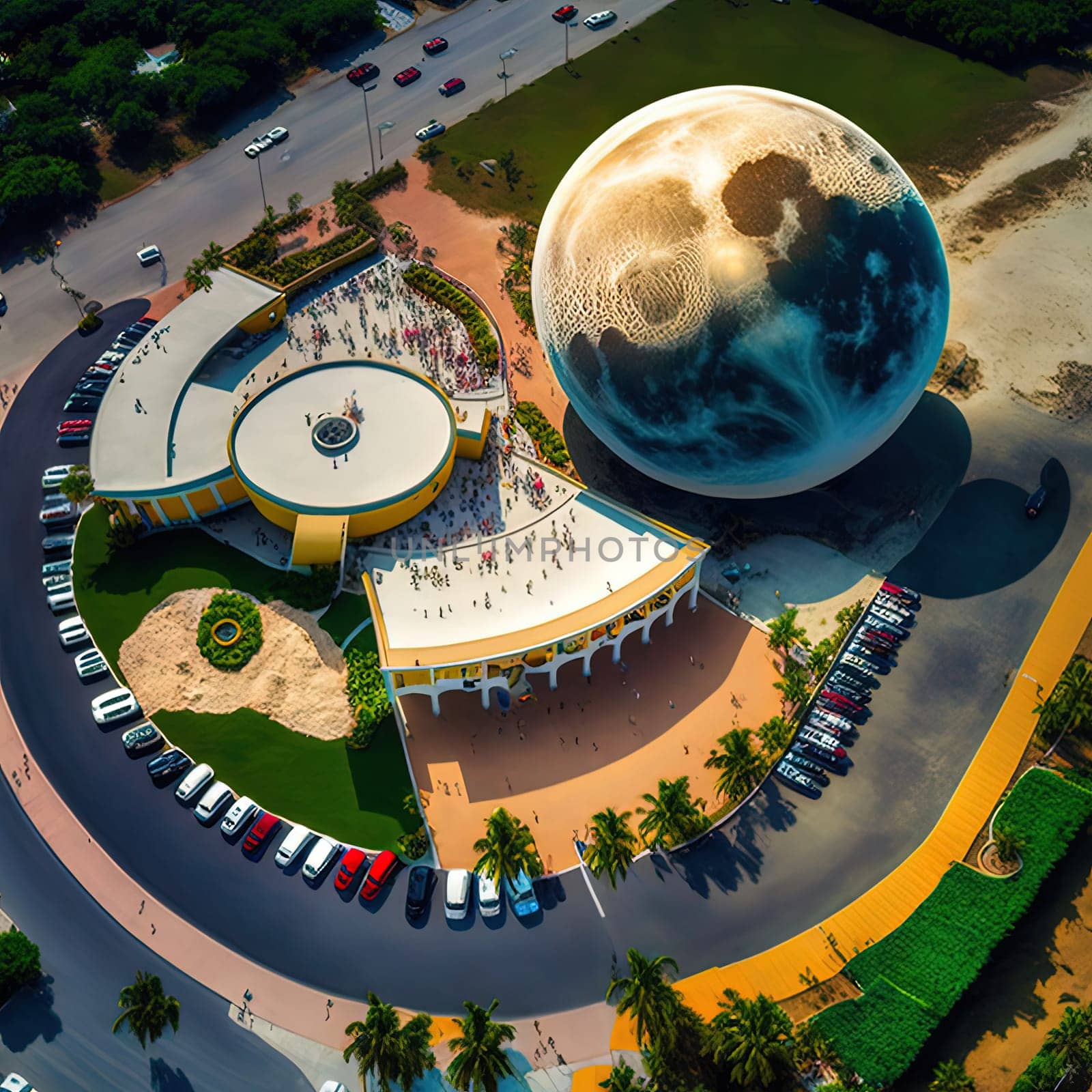 This painting captures the essence of the Parad Planet, a popular exhibition complex in Barbados where visitors can see models and interactive demonstrations of all the planets in our solar system and their moons. The image is generated with the use of an AI.