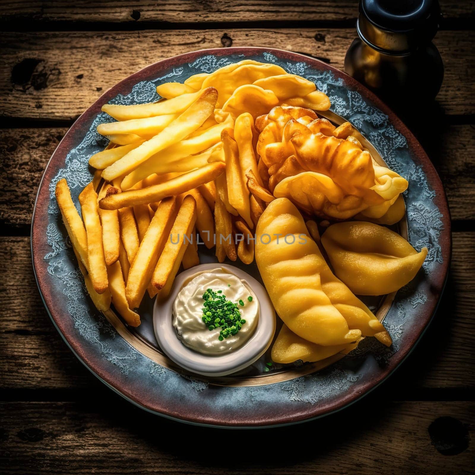 The painting depicts a plate of freshly made Belgian frites, or fries, served with a variety of dipping sauces. The golden brown fries are arranged in a piled fashion and are steamy and hot. The background of the painting is a rustic wooden table. The image is generated with the use of an AI.