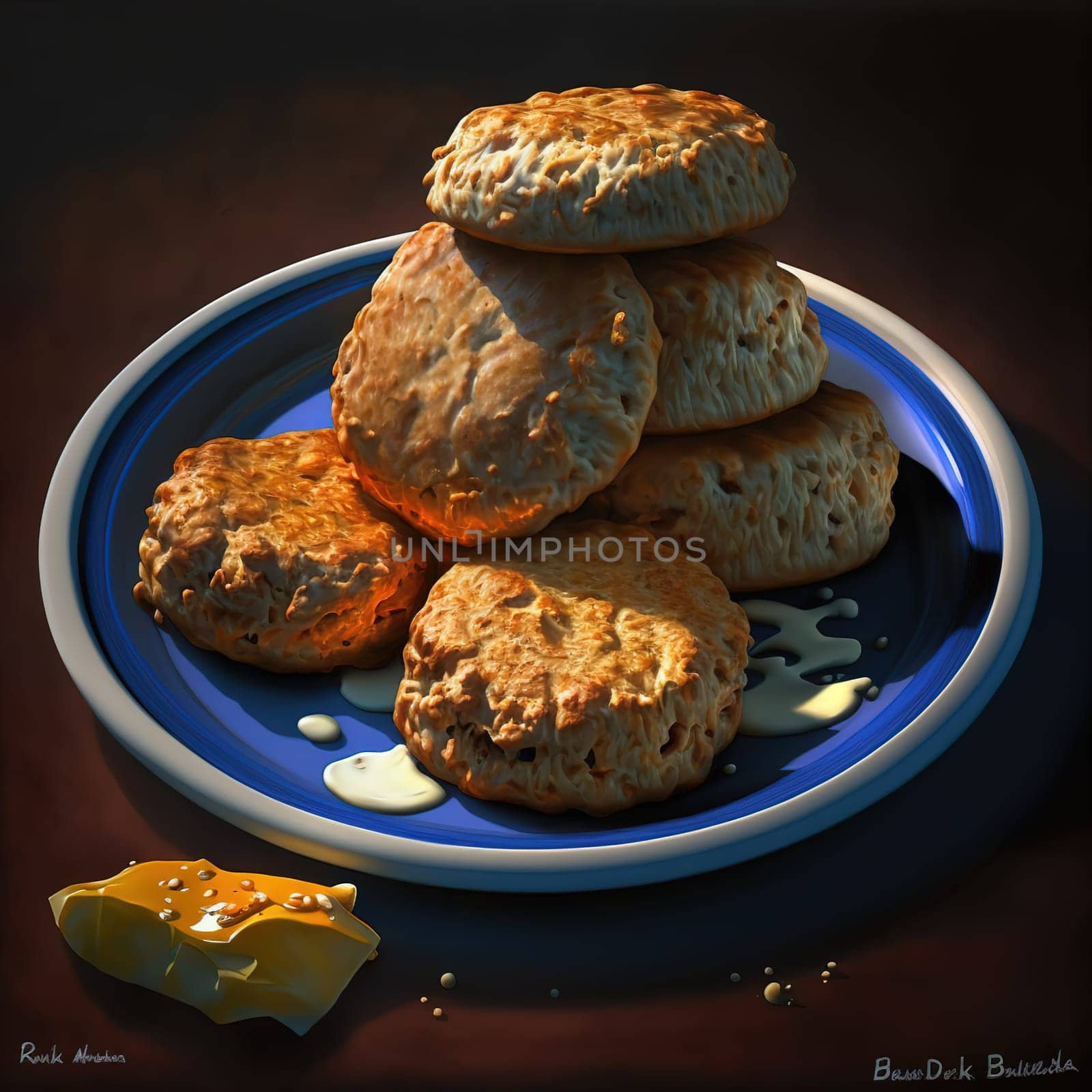 This painting captures the essence of the Barbadian Patties, a popular dish made of baked meat, usually pork or chicken, mixed with spices and wrapped in pastry. The image is generated with the use of an AI.