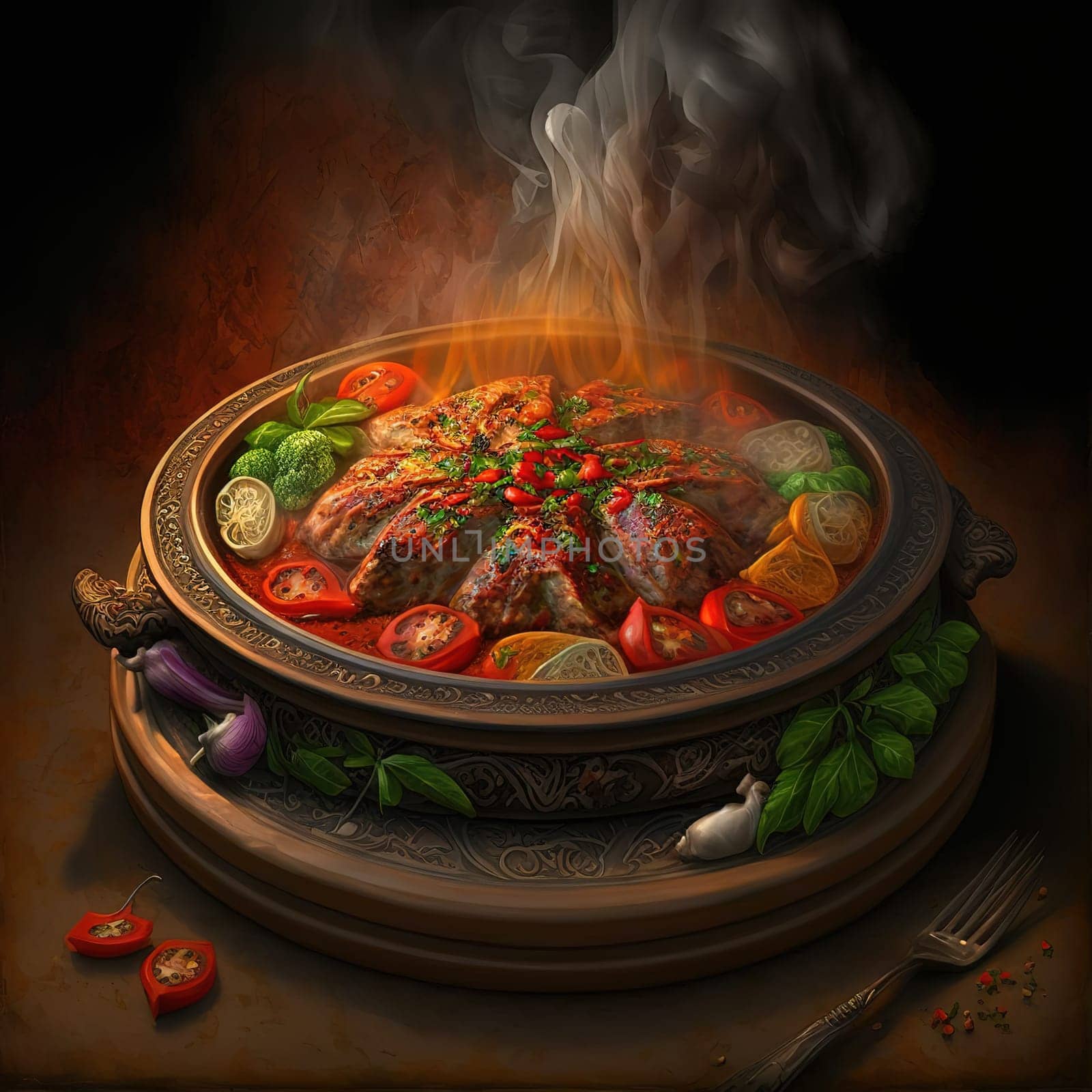 This painting captures the essence of the most popular dish in Bahrain, Massala, a delicious meat grilled over an open fire or on a barbecue with a tomato, onion, and herb sauce. The image is generated with the use of an AI.
