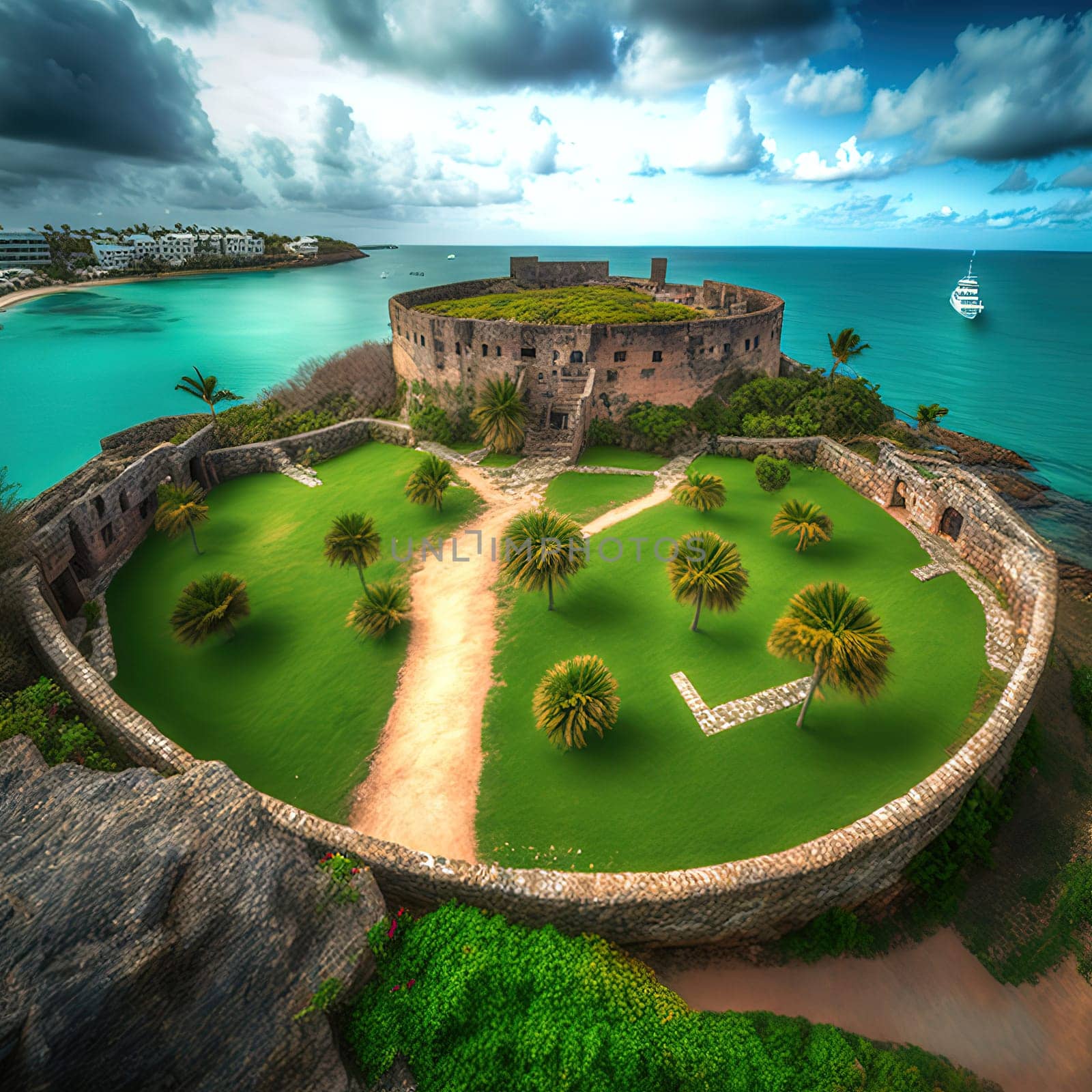 This painting showcases the ancient fortress of Fort St. Catherine, a main attraction on the island of Bermuda. The fortress is depicted in all its grandeur, with its impressive walls and towers standing tall against the backdrop of the sea. The image is generated with the use of an AI.