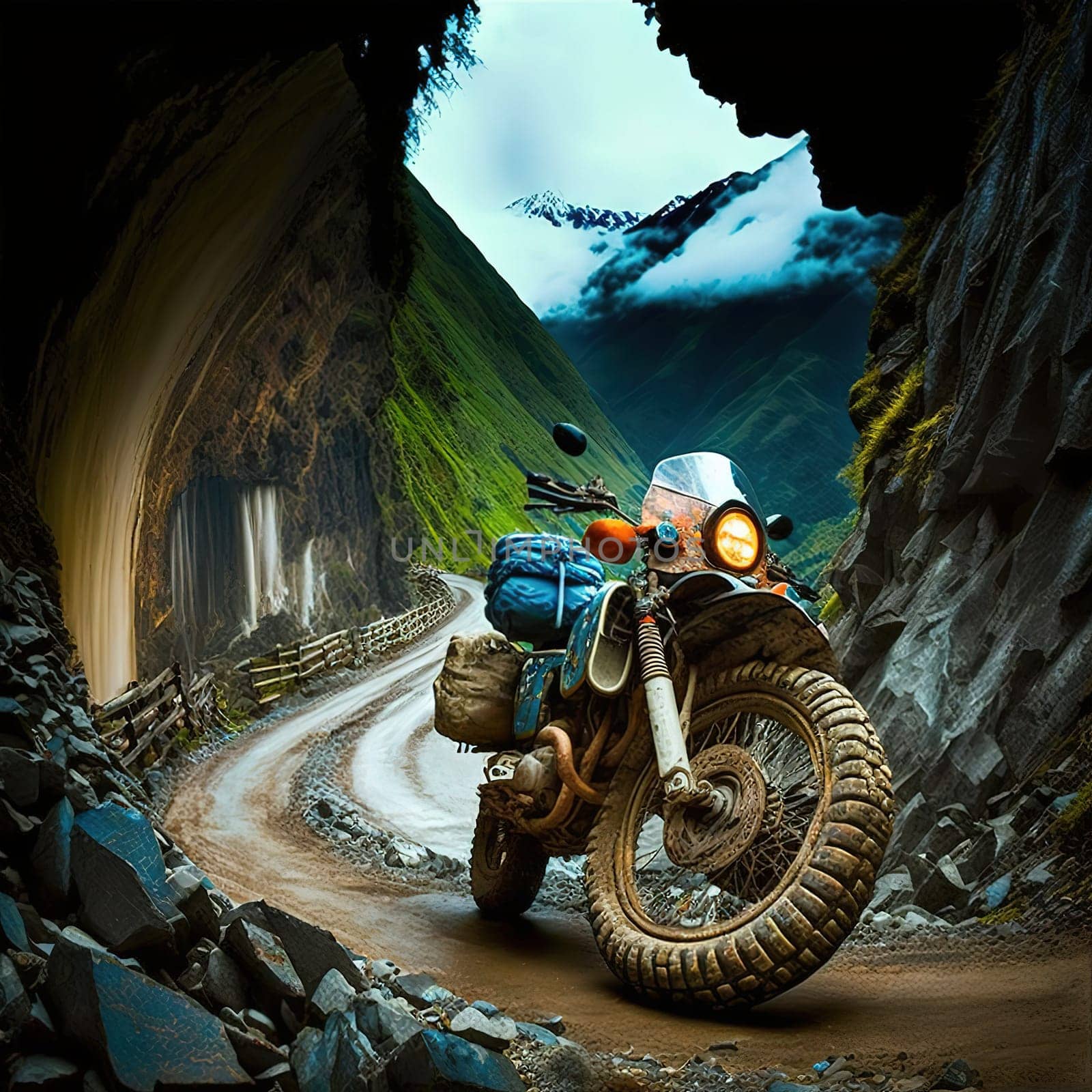 This striking image depicts the notorious Yungas Road, also known as the Death Road, in Bolivia. The winding road and towering cliffs are rendered in a bold and dynamic style, capturing the thrill and danger of riding this famous route. The image is generated with the use of an AI. Bolivia, Yungas Road, Death Road, motorized transportation, vehicle, winding, cliffs, striking, dynamic, bold, thrilling, dangerous, AI-generated, famous, route, ride, transport, motorized, transportation, image, generated