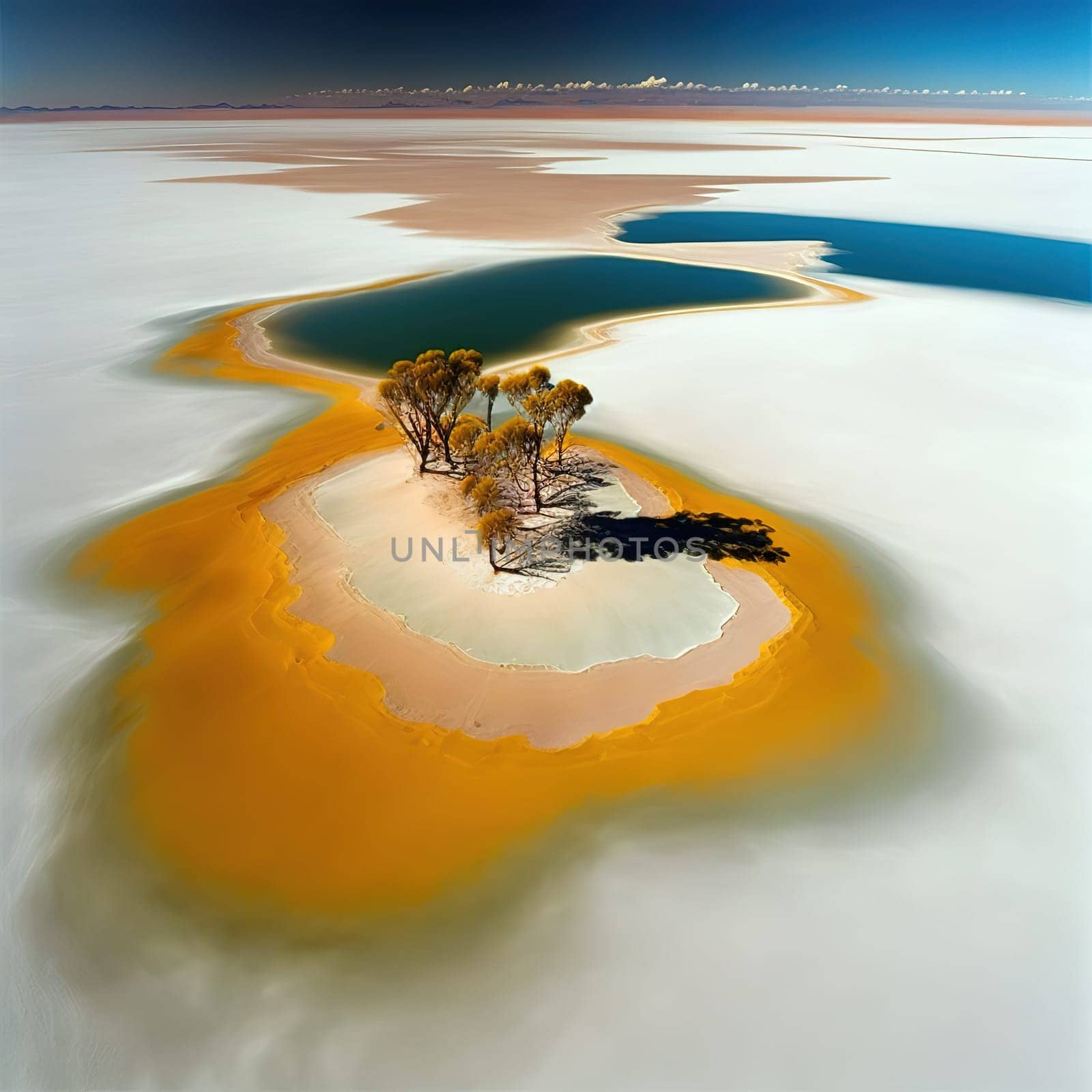 This breathtaking image captures the vastness and beauty of Bolivia's Salar de Uyuni, the world's largest salt flat. The endless expanse of white salt and the distant mountains are rendered in a serene and majestic style, inviting the viewer to marvel at the natural wonder. The image is generated with the use of an AI.