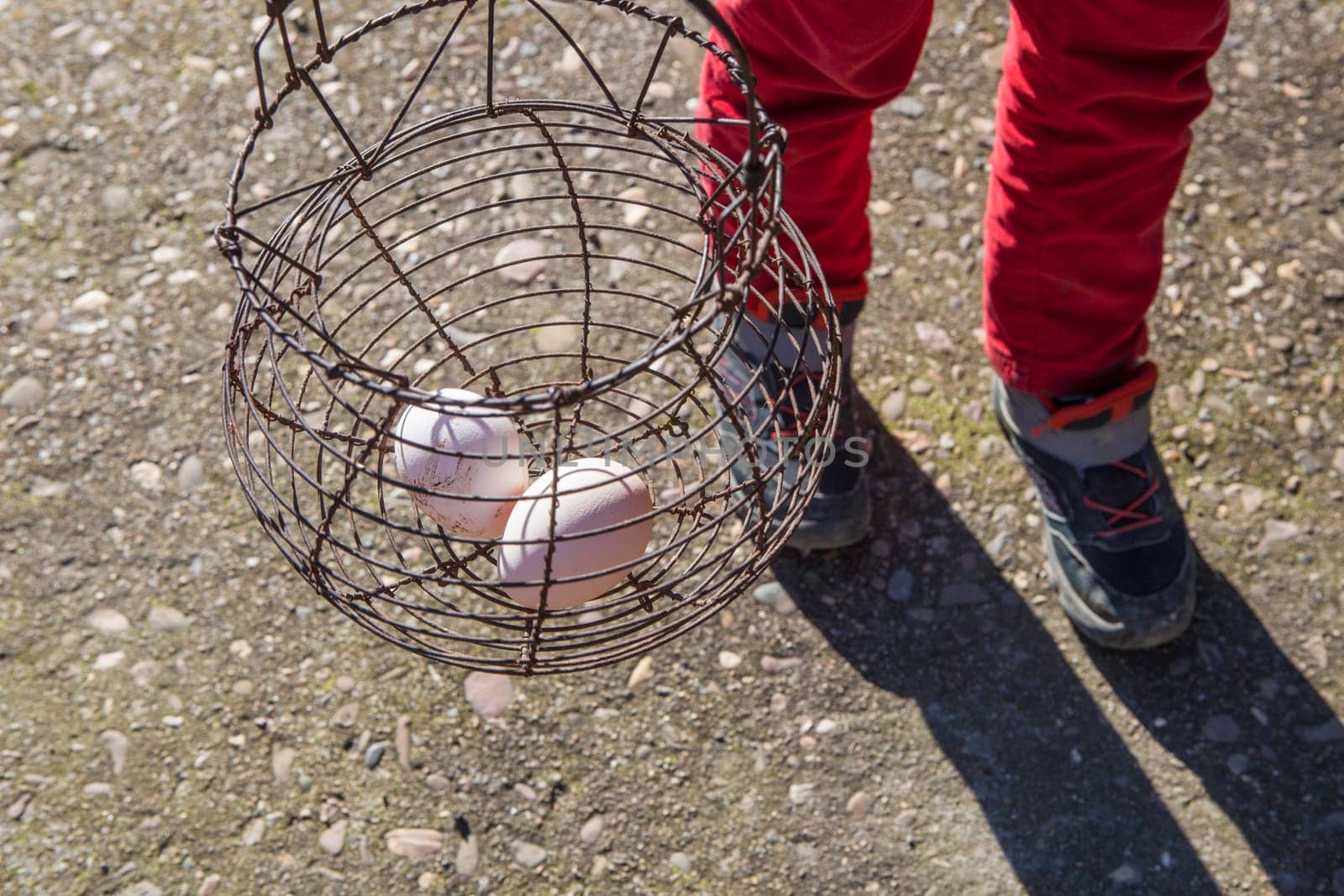 Child boy holds a rusty wire egg cup. Country style. Selective focus
