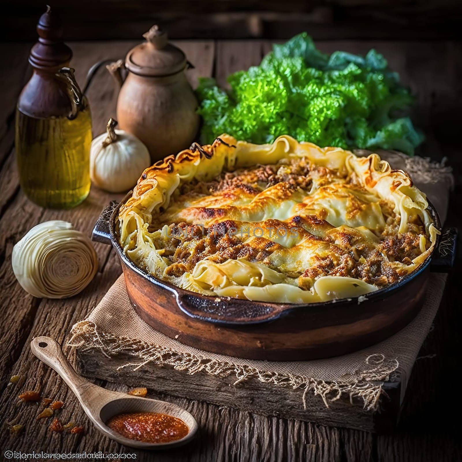 This painting depicts a traditional Bulgarian dish, Shopska Cabbage, featuring cabbage baked with meat and manka, a Bulgarian version of cornmeal. The dish is known for its unique blend of flavors and is a popular favorite among locals. The image is generated with the use of an AI.