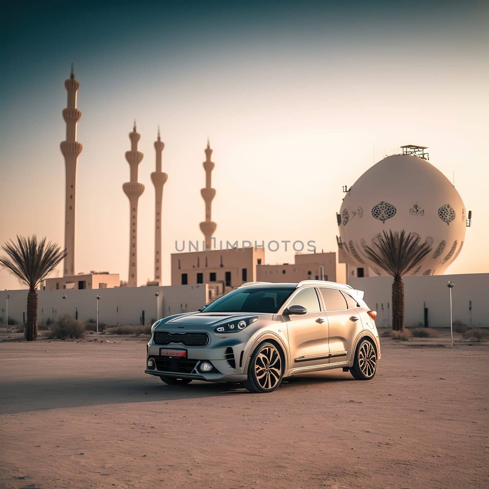 The painting depicts a sleek KIA car driving through the sandy dunes of Bahrain. The image is generated with the use of an AI