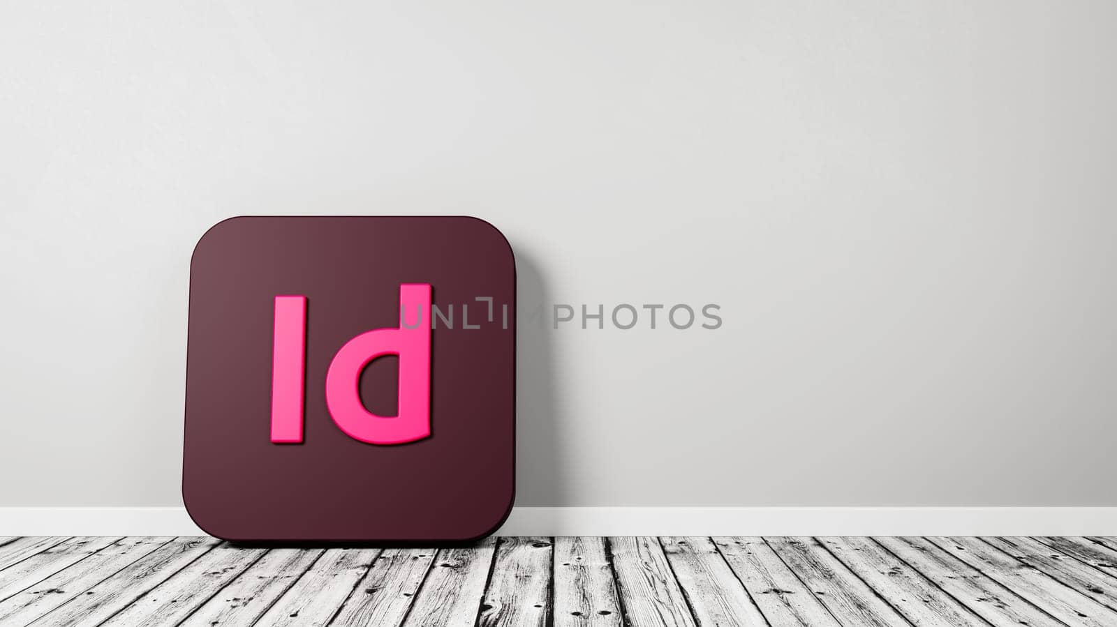 Adobe Indesign App Icon 3D Symbol Shape on Wooden Floor Against Gray Wall with Copy Space 3D Render Illustration