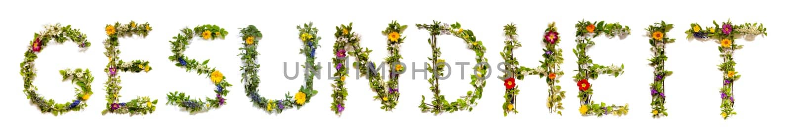 Blooming Flower Letters Building German Word Gesundheit Means Health. Summer And Spring Season Blossoms And Flower Lei.