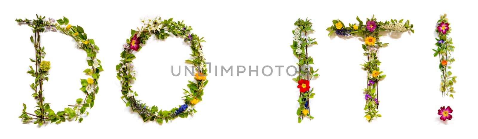 Blooming Flower Letters Building English Text Do It! Summer And Spring Season Blossoms And Flower Lei.