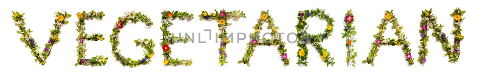 Blooming Flower Letters Building English Word Vegetarian. Summer And Spring Season Blossoms And Flower Lei.