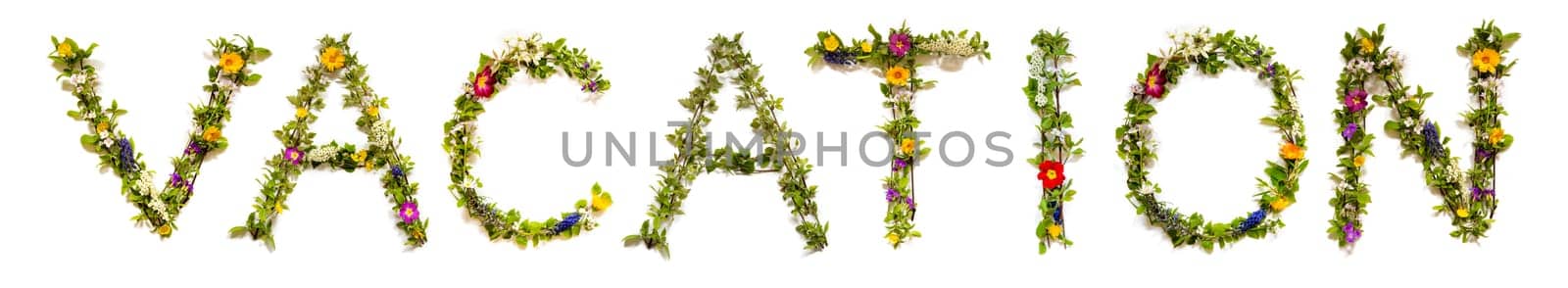 Blooming Flower Letters Building English Word Vacation. Summer And Spring Season Blossoms And Flower Lei.