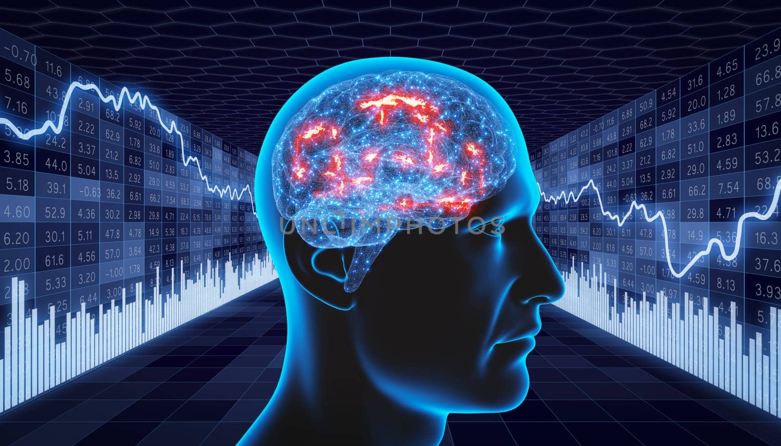 Human thought process on the background of financial charts and columns. 3D rendering.