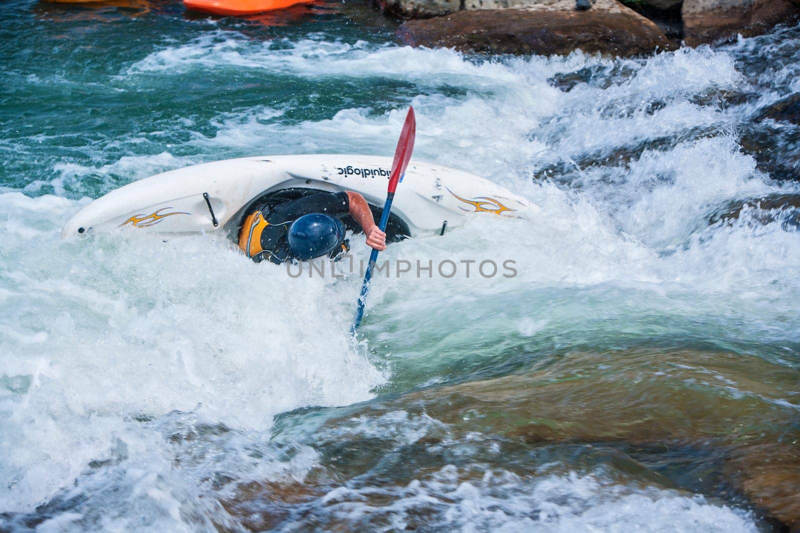White water Kayaking down the Uncompahgre River in  the Ridgeway, Colorado.USA.