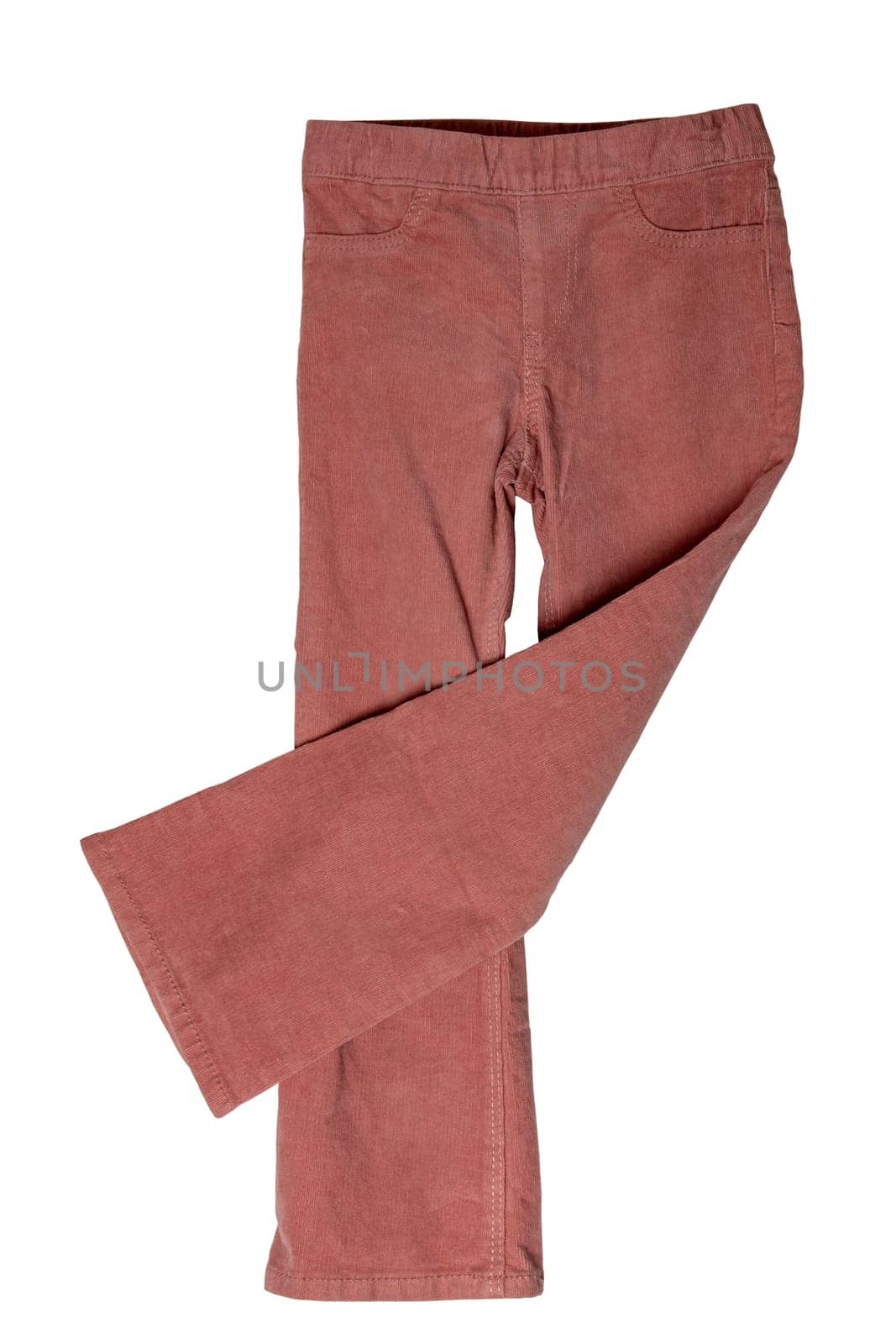 Women casual pants. Close-up of womans fashionable pink casual trousers or jersey trousers isolated on a white background. Clipping path. Jogging outfit for workout.