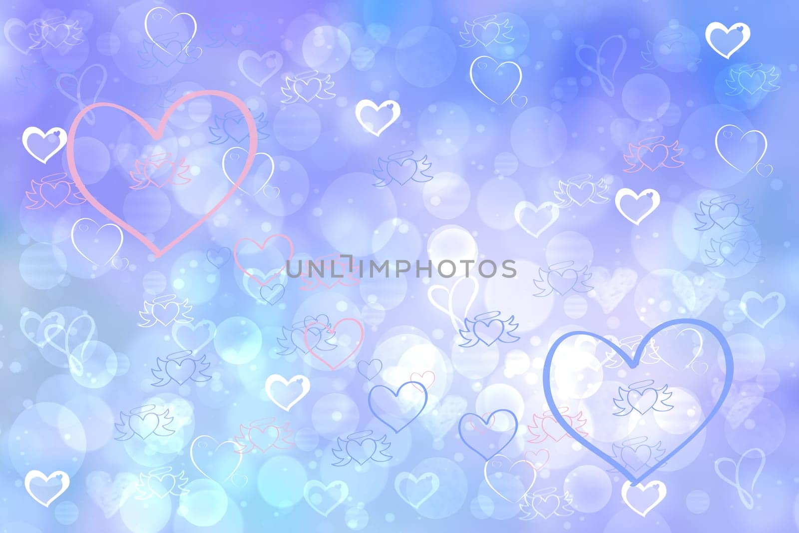 Abstract festive blur bright blue pastel background with light blue hearts love bokeh for wedding card or Valentines day.  Romantic textured backdrop with space for your design. Card concept.