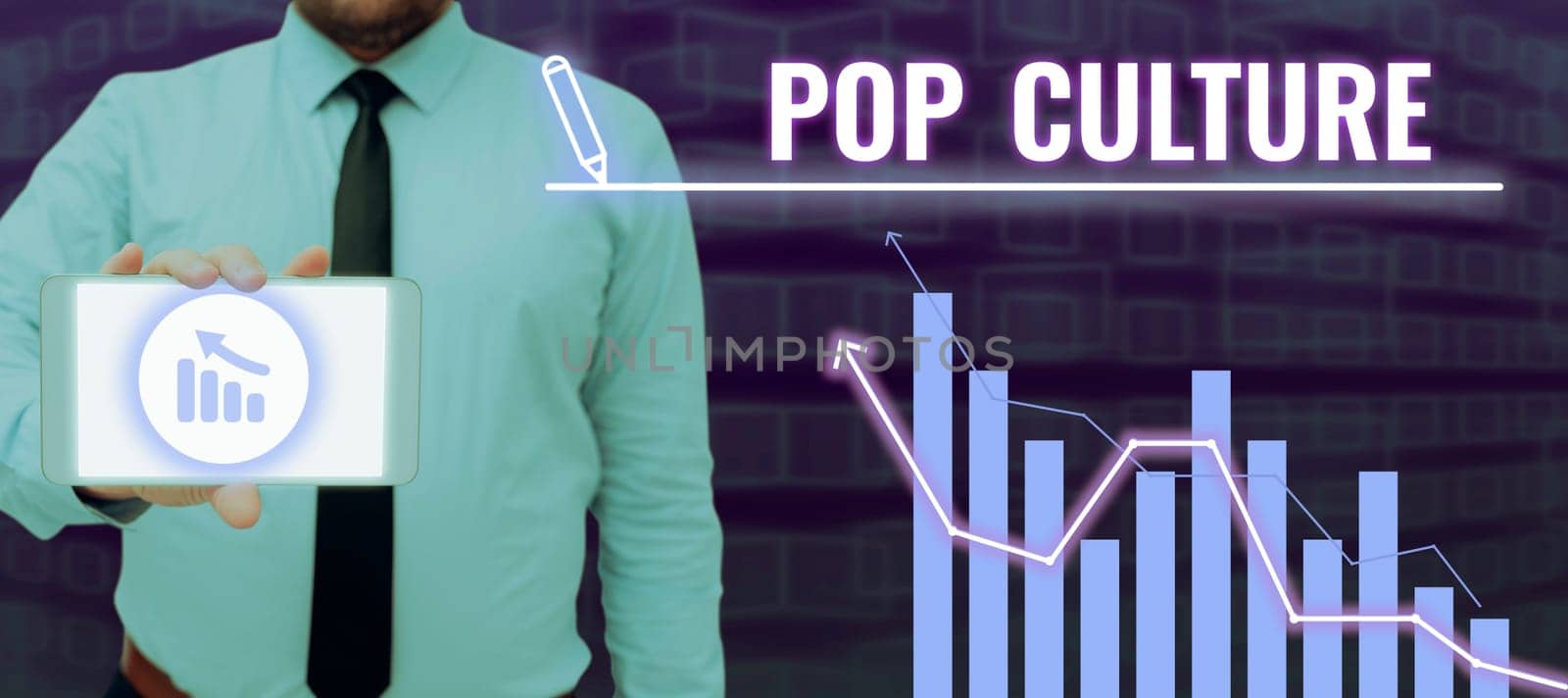 Handwriting text Pop Culture, Business overview describes the lifestyle and tastes of the majority of mostly younger people