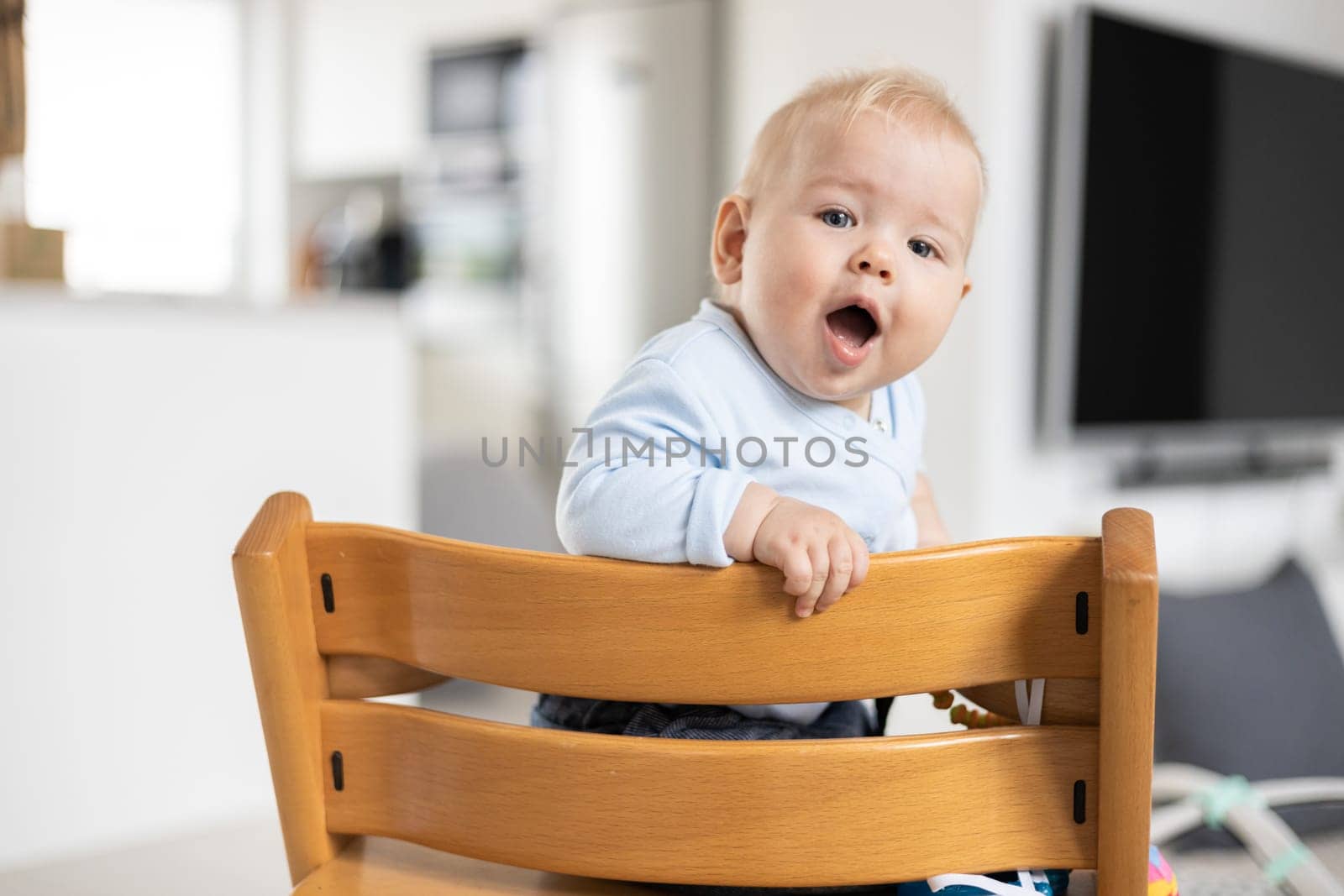 Happy infant sitting in traditional scandinavian designer wooden high chair in modern bright home. Cute baby
