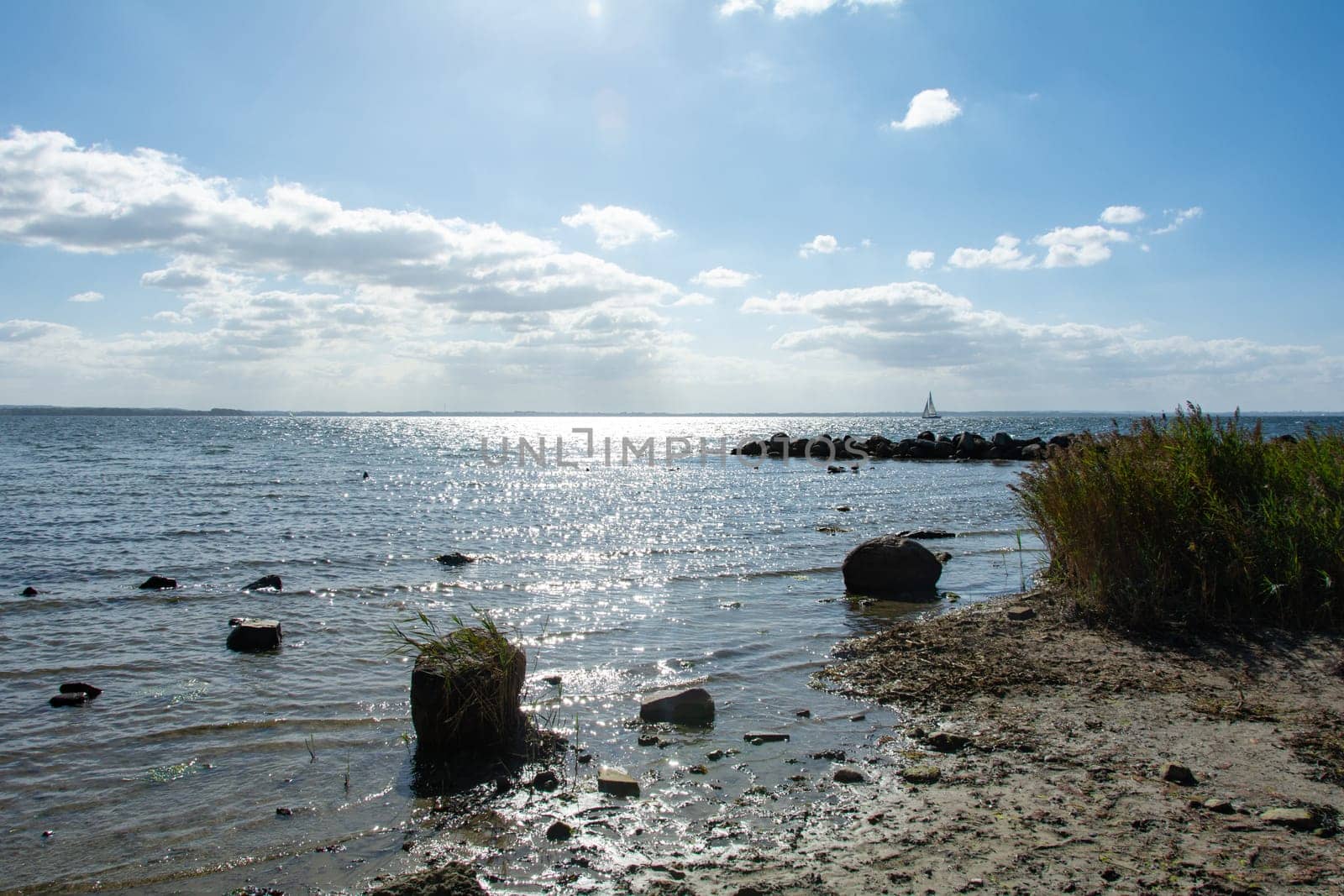 Breakwater made of large stones in the water on the Baltic Sea coast, sailing ship on the horizon, with grass on the beach on the island of Poel, Germany, Europe