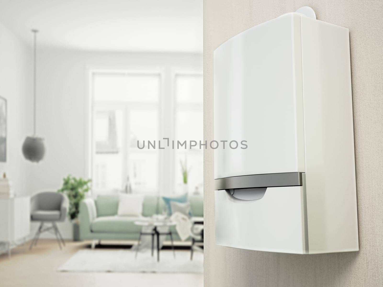 Combi boiler on the wall with contemporary living room view on the left. 3D illustration.